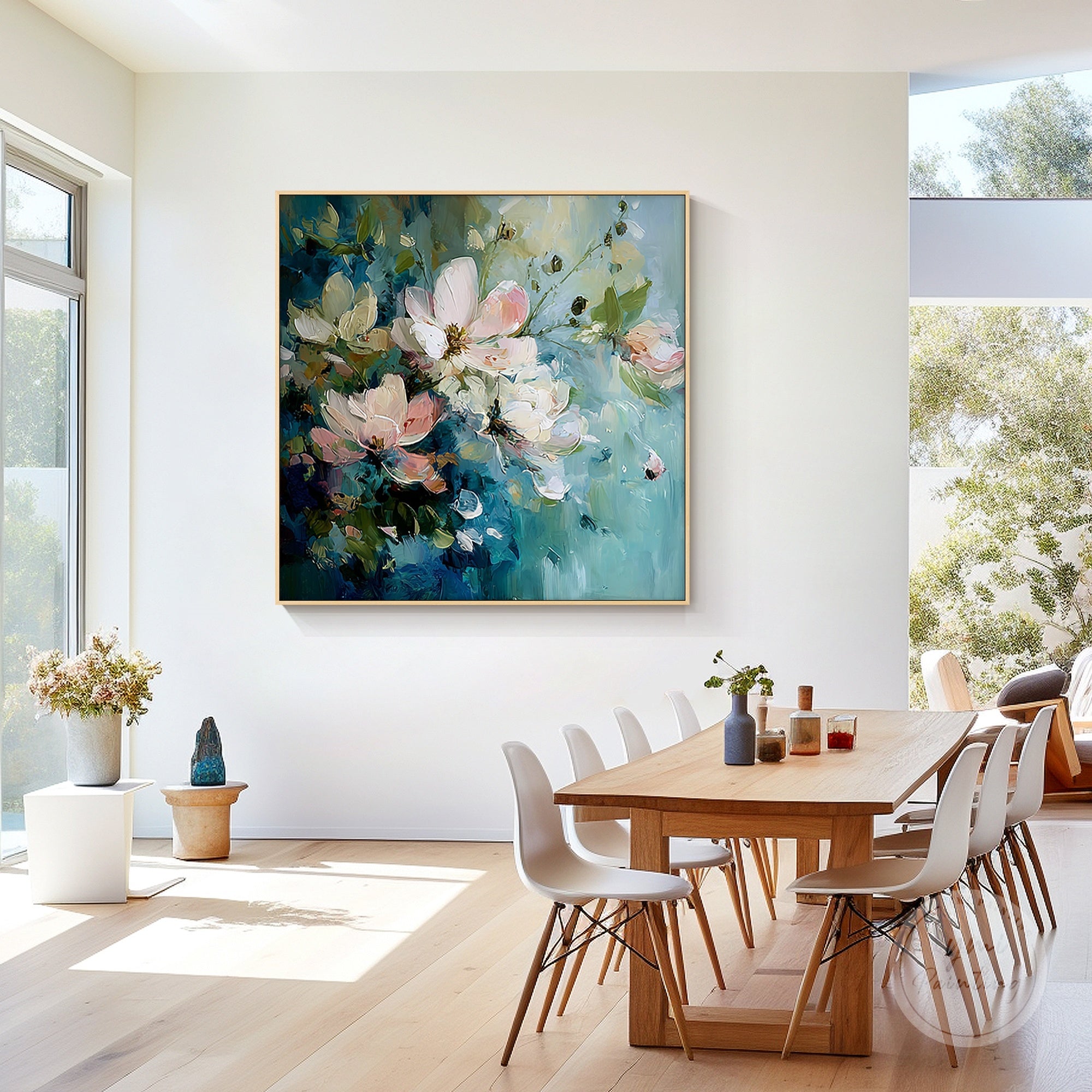 Large blue and pink floral artwork, perfect for modern home and office decoration.