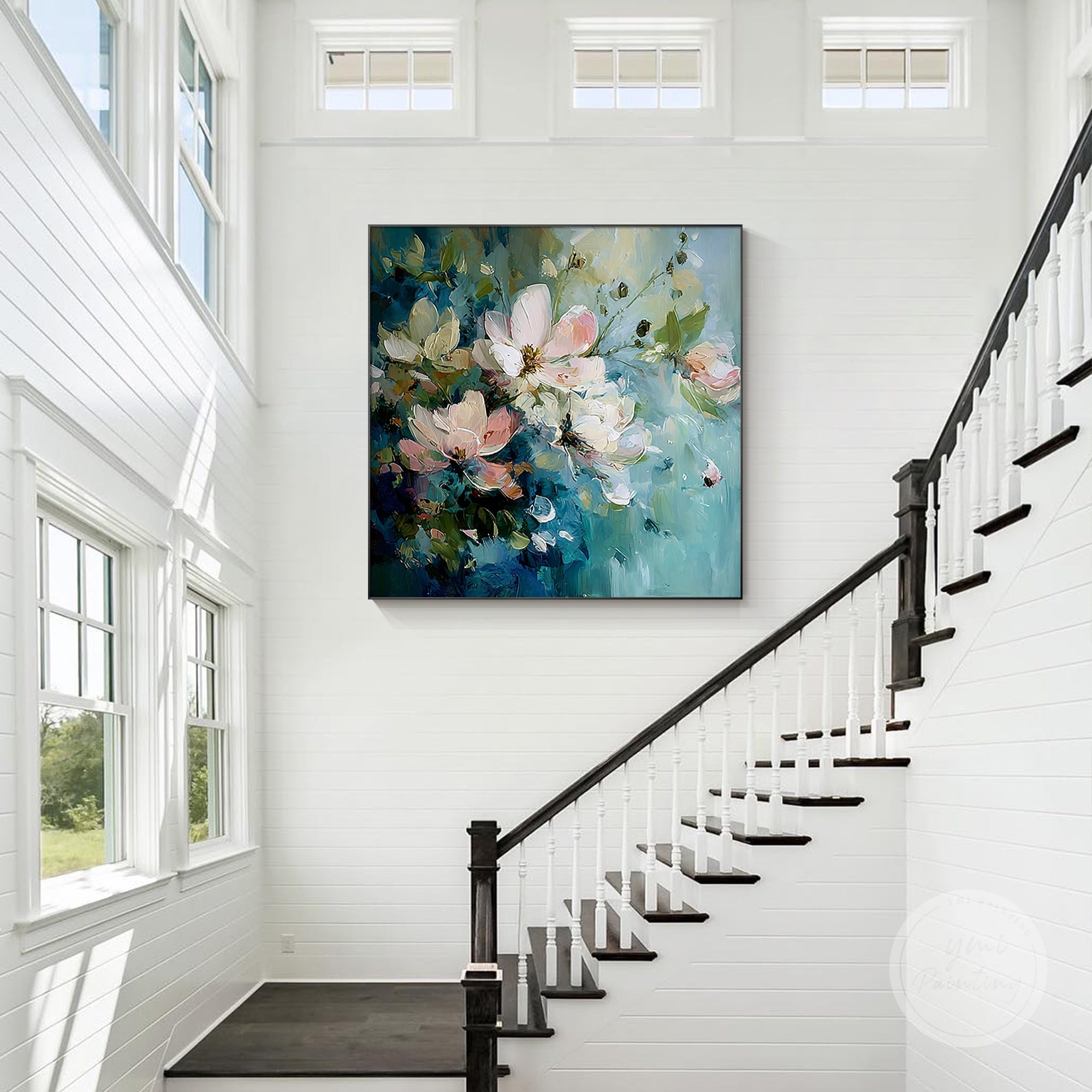 Original blue and pink flower painting, ideal for adding vibrancy to your living space.