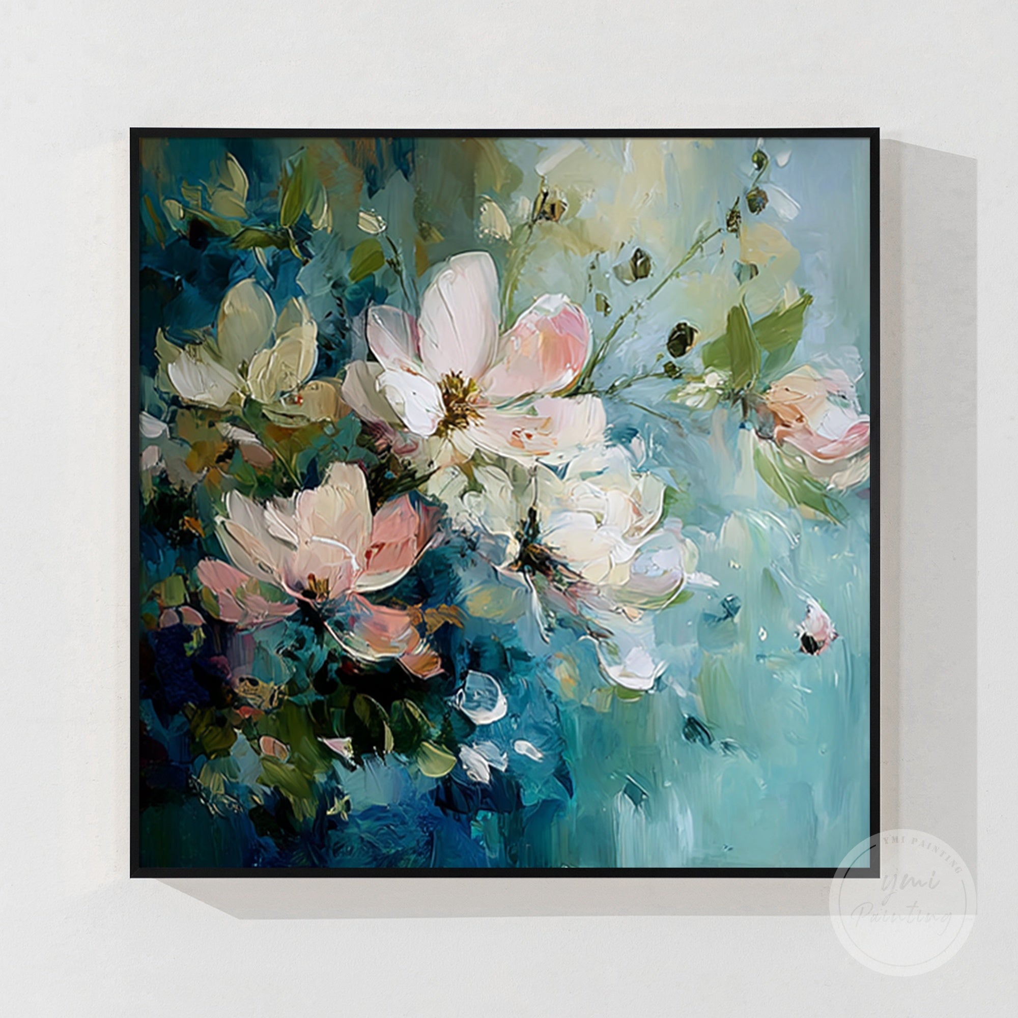 Floral canvas art in bold blue and pink, perfect for creating a dynamic focal point.
