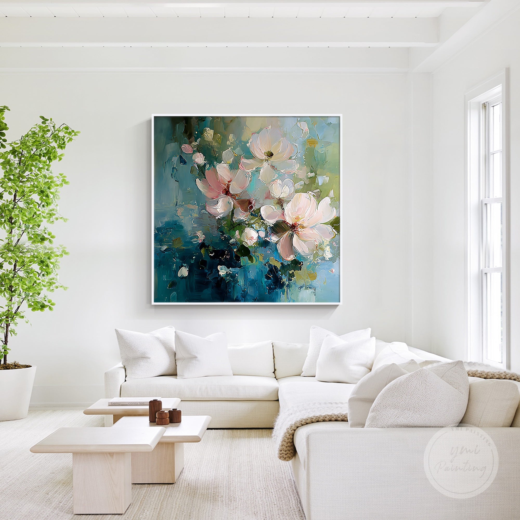 Stunning floral canvas art in blue and pink, a bold statement for your wall.