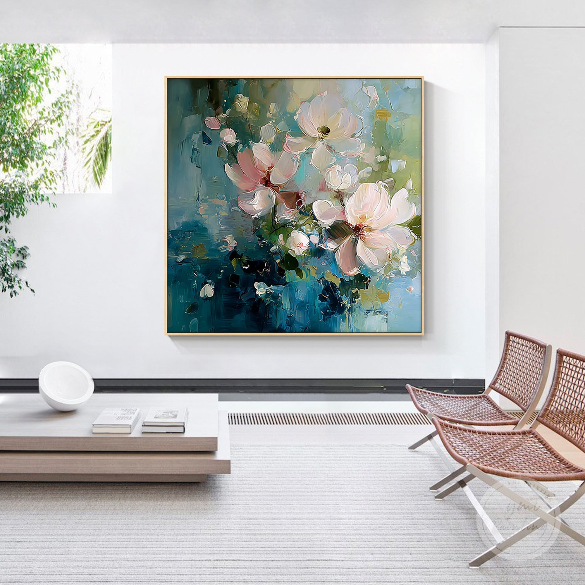 Original blue and pink floral art, adding elegance and vibrancy to your living space.