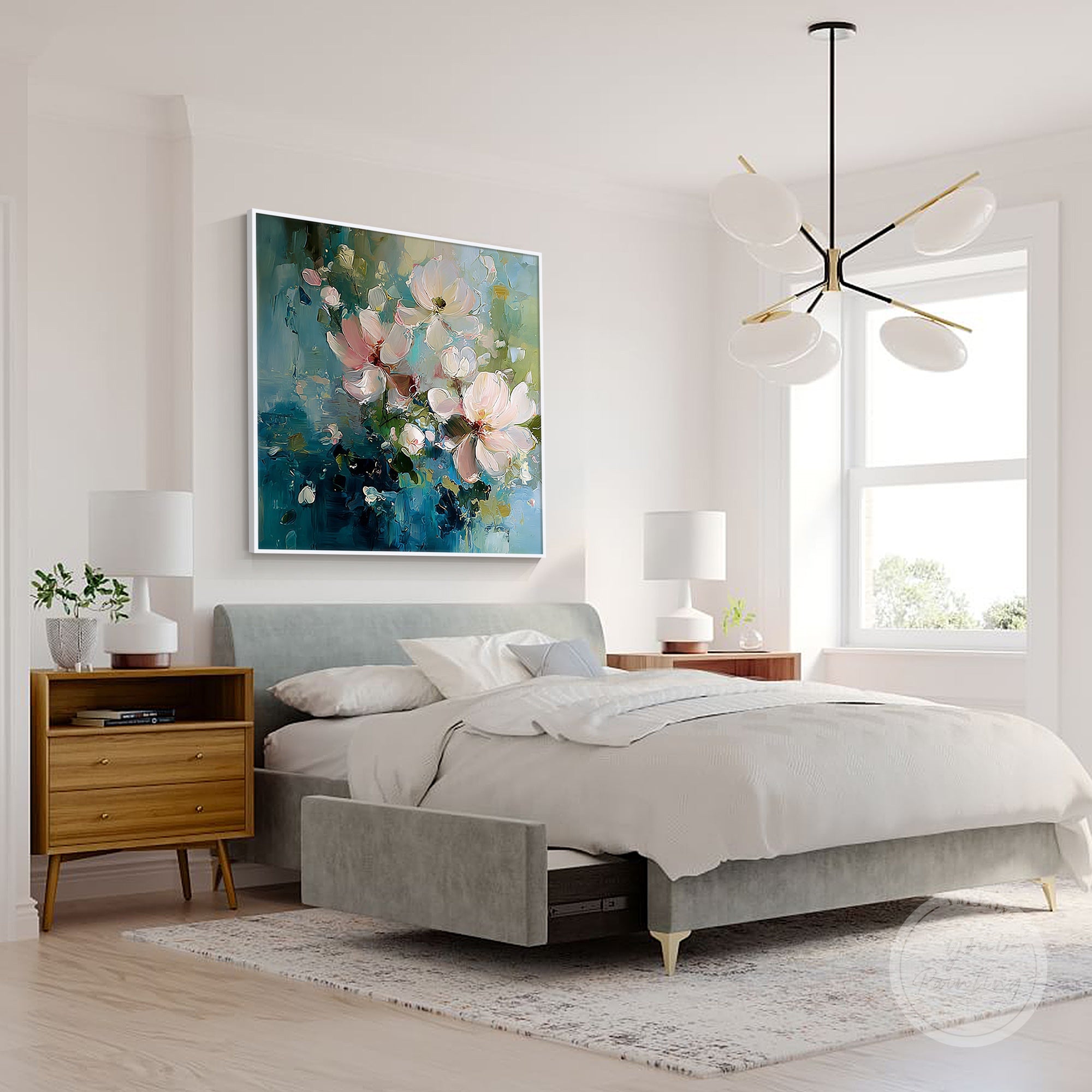 Large blue and pink flower painting on canvas, perfect for contemporary interiors.