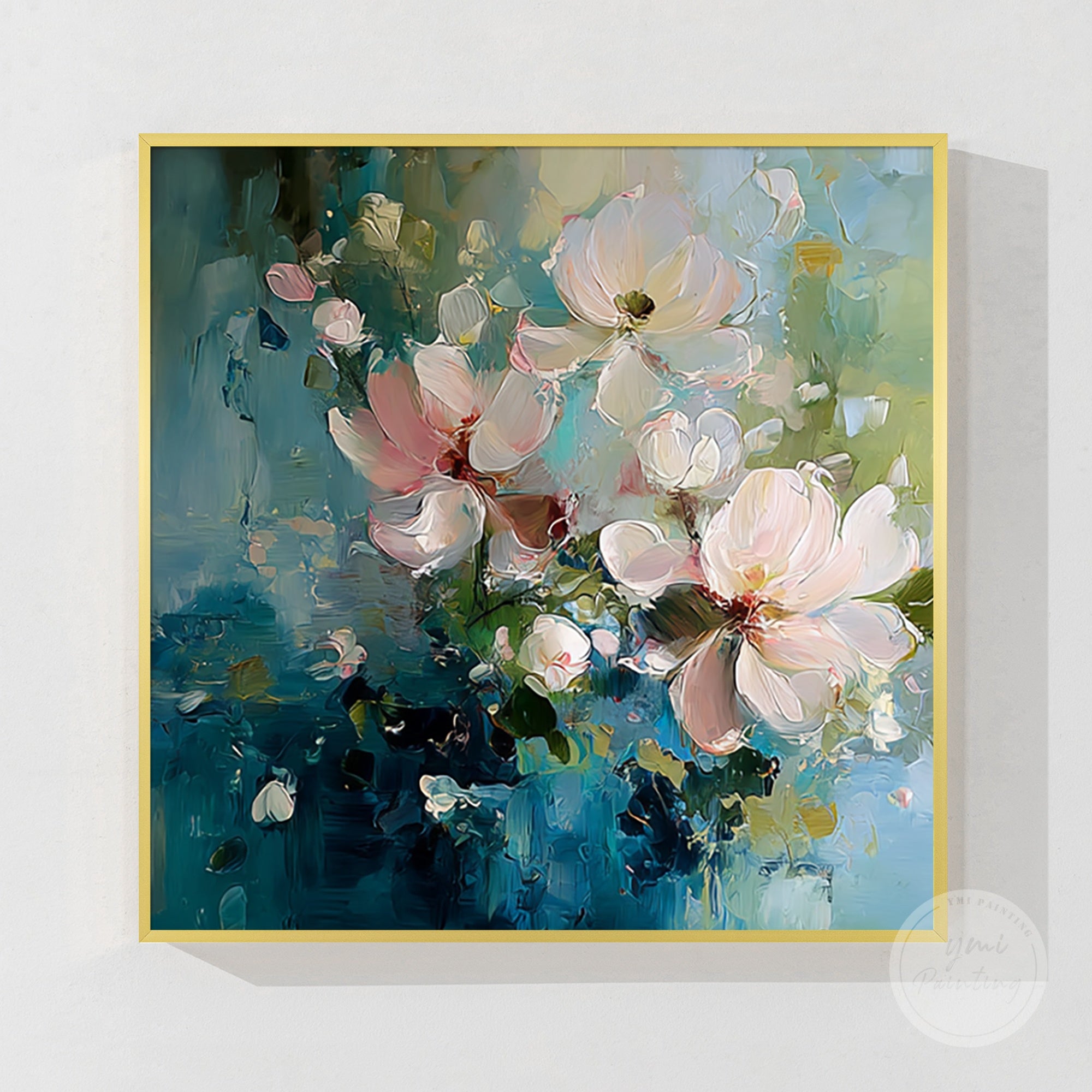 Large original flower painting on canvas, with rich blue and pink hues for your home.