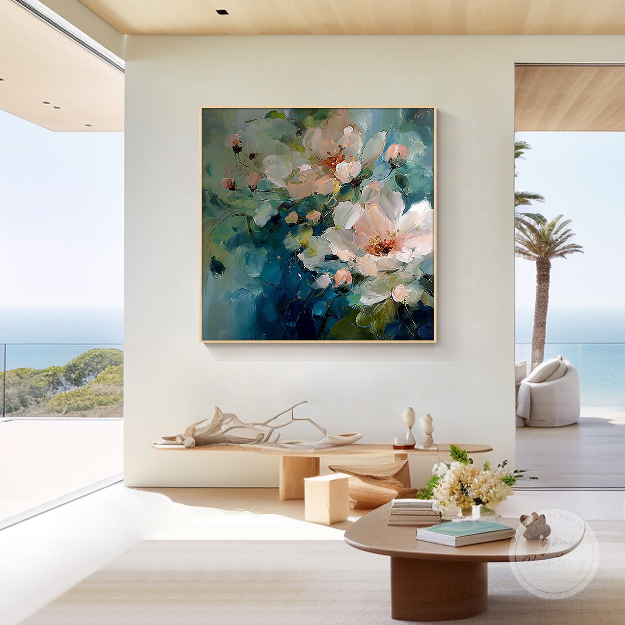 Stunning large flower painting on canvas, featuring blue and green abstract floral design.