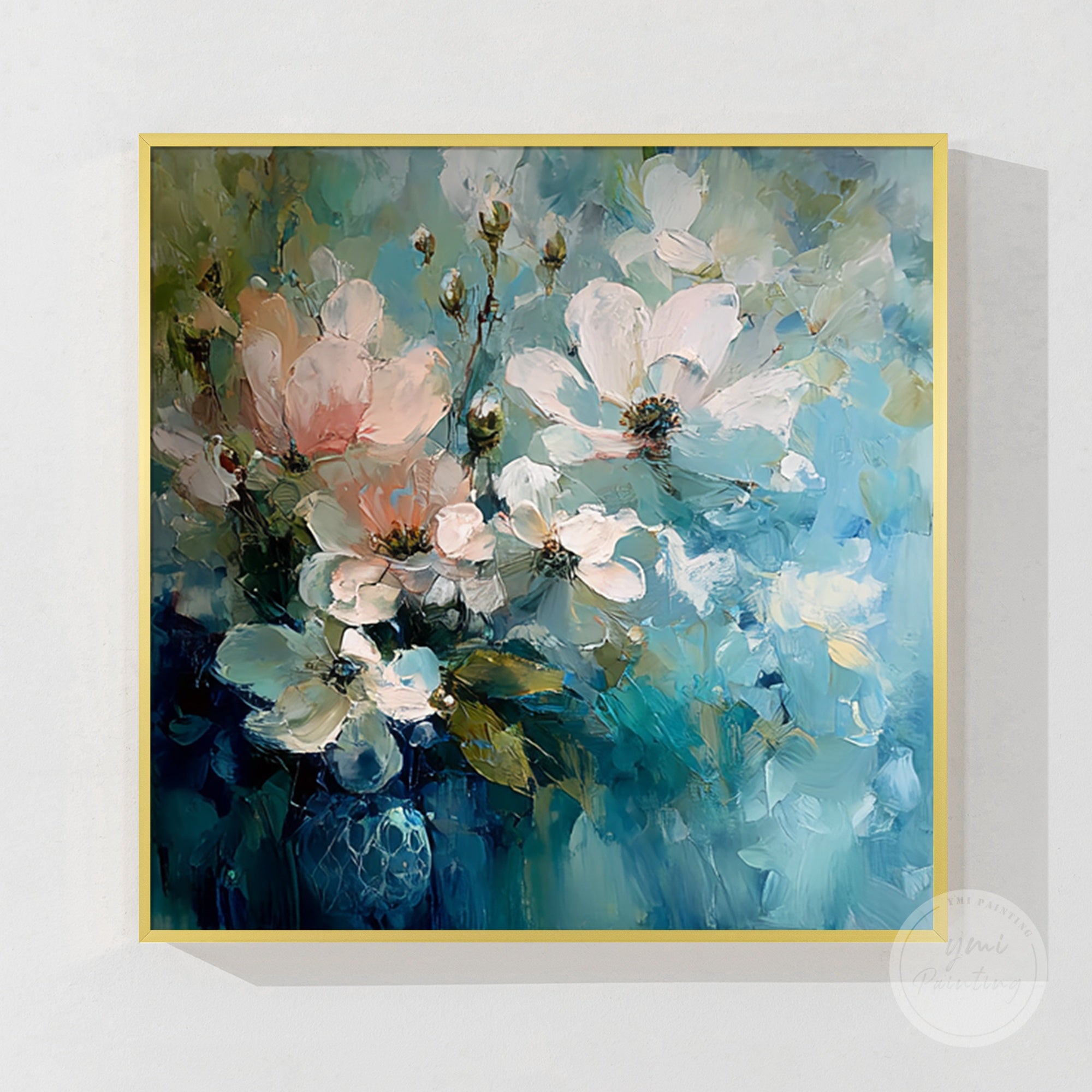 Hand-painted flower wall art in a large square format, creating a warm and inviting atmosphere.
