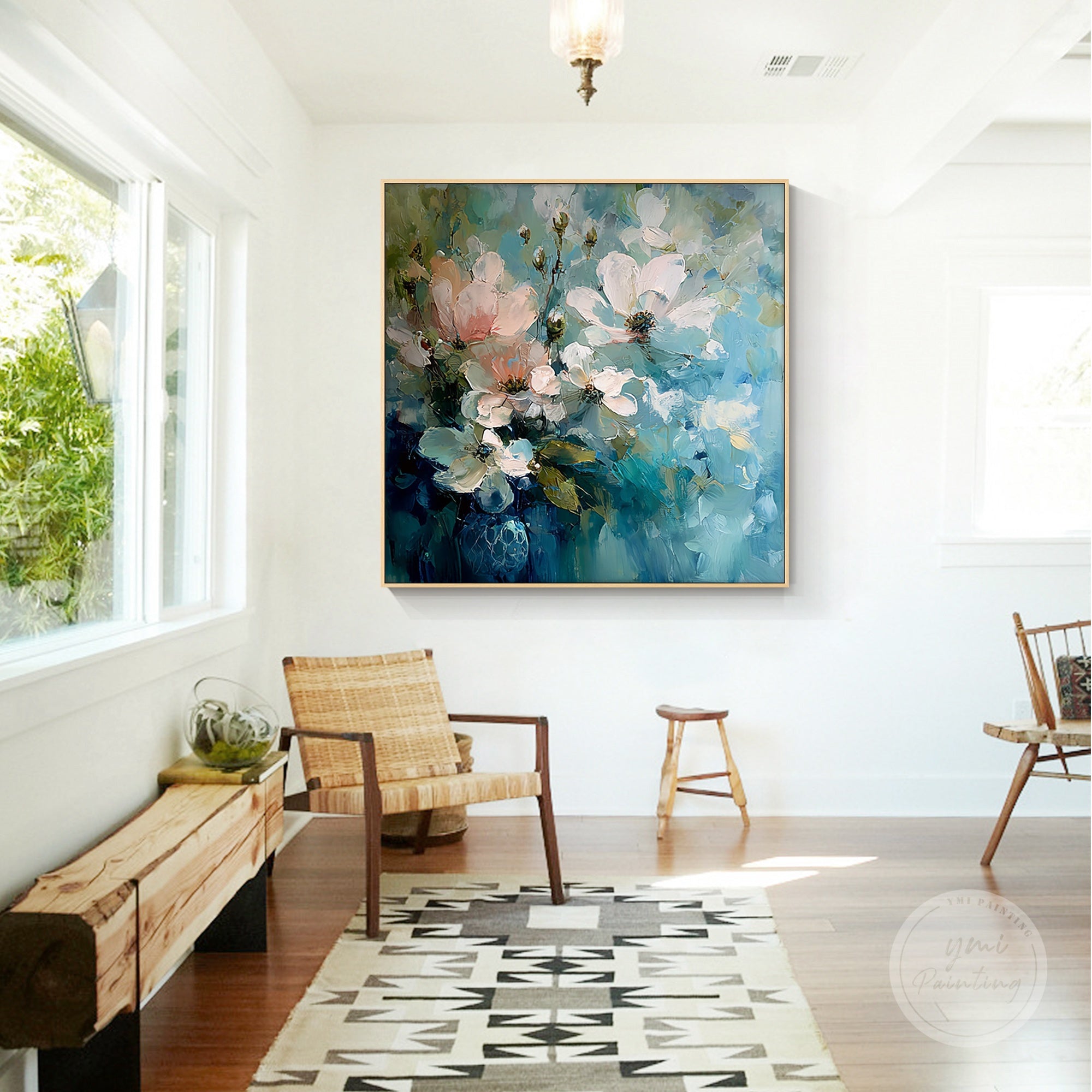 Large square flower painting in soft tones, adding serenity and style to any space.