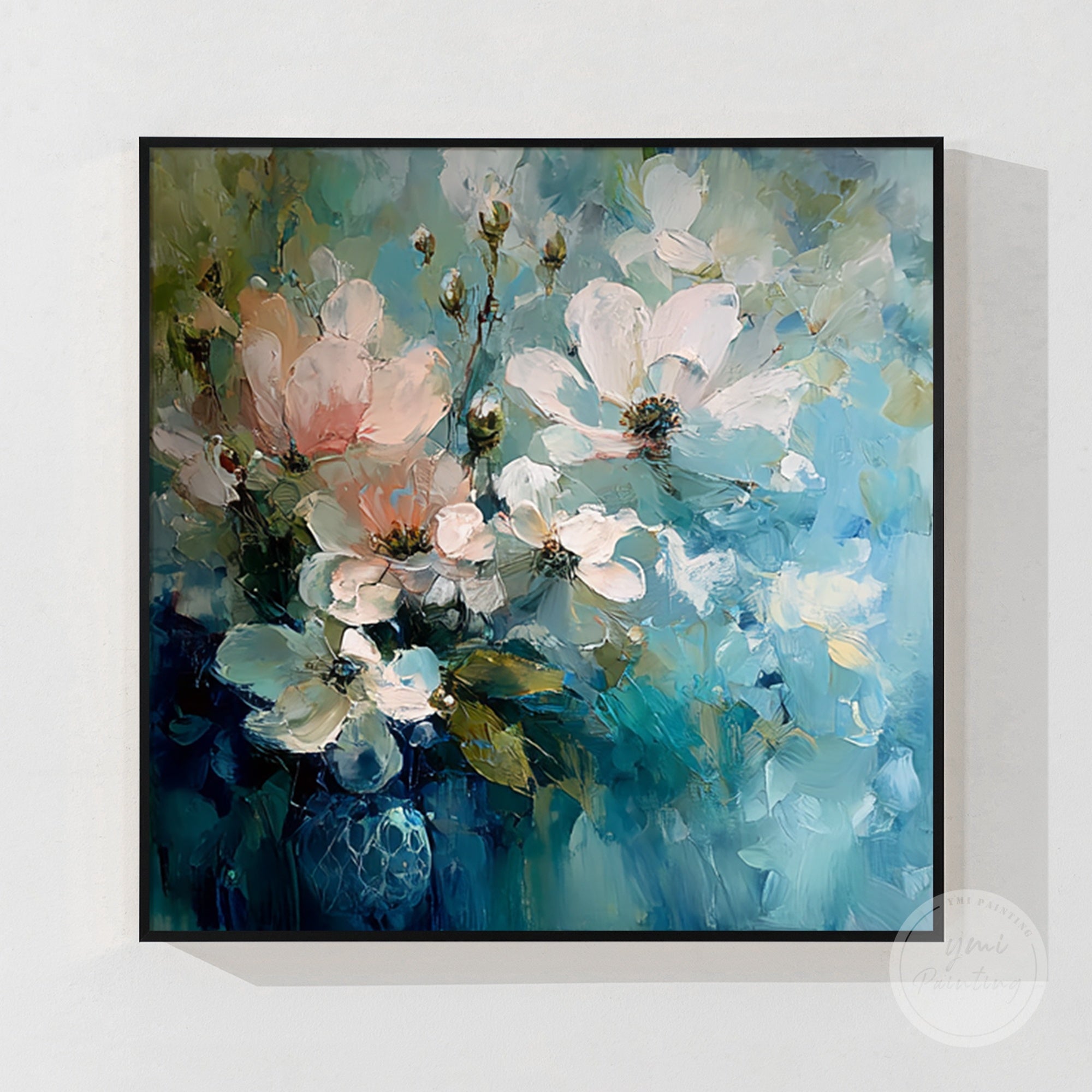 Elegant square floral painting to complement contemporary bedroom or living room decor.