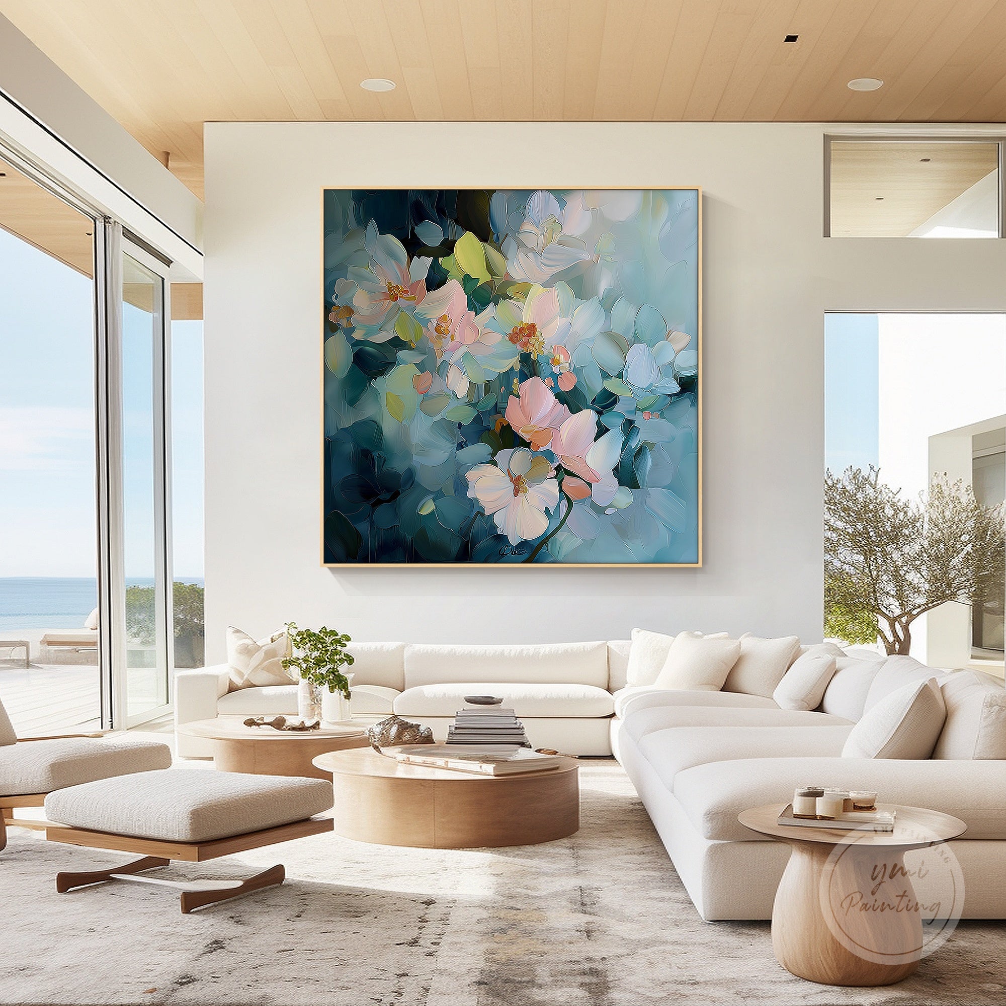 Hand-painted flower art in soft pastel tones, creating a calming atmosphere for any room.