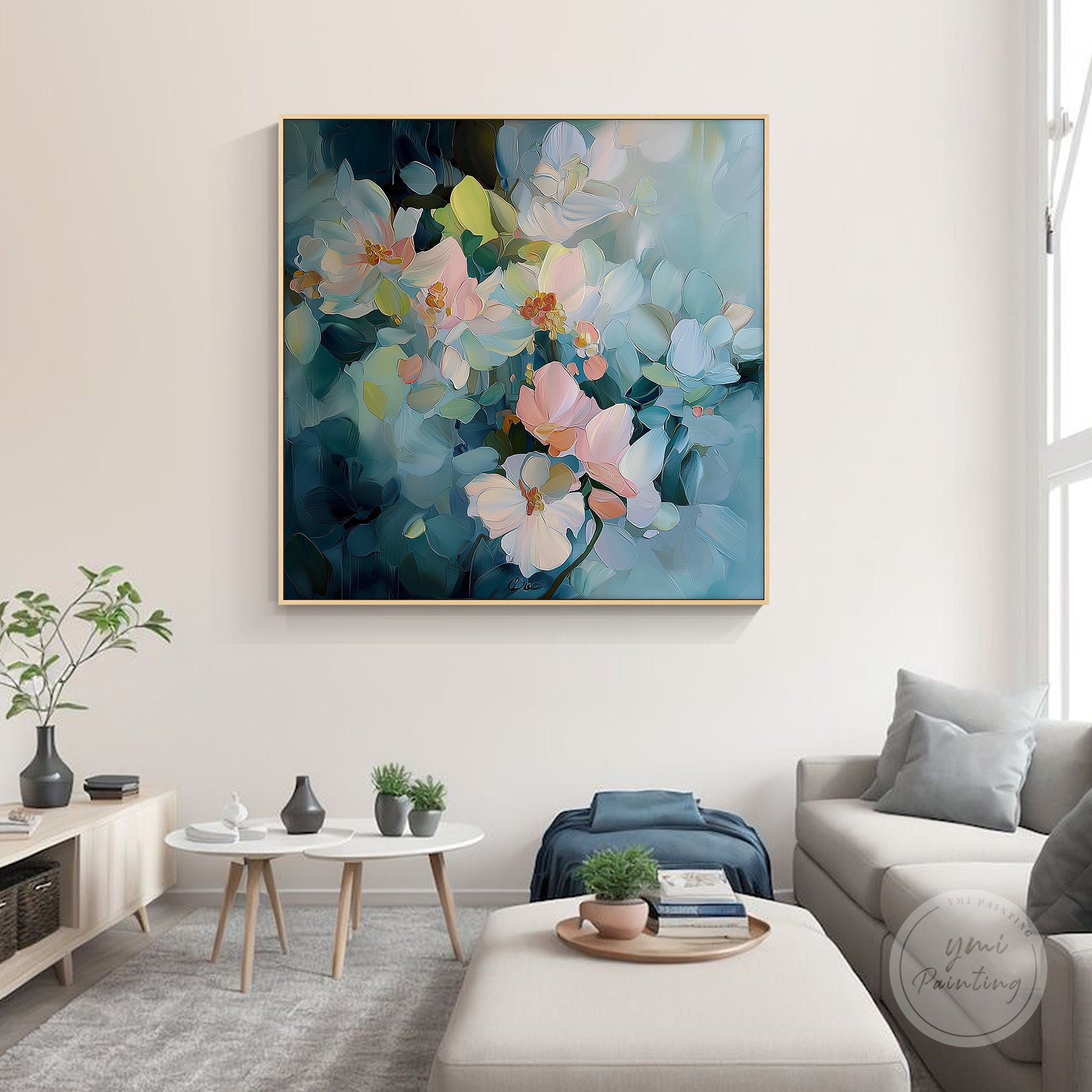 Large square flower painting with pastel shades, creating a peaceful and stylish vibe.