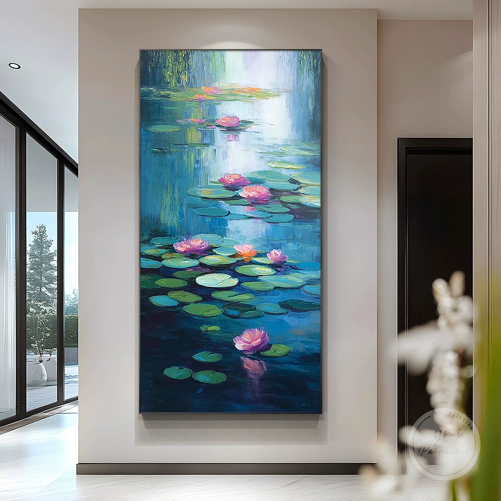 Hand-painted lotus pond oil painting inspired by Monet's impressionist style.