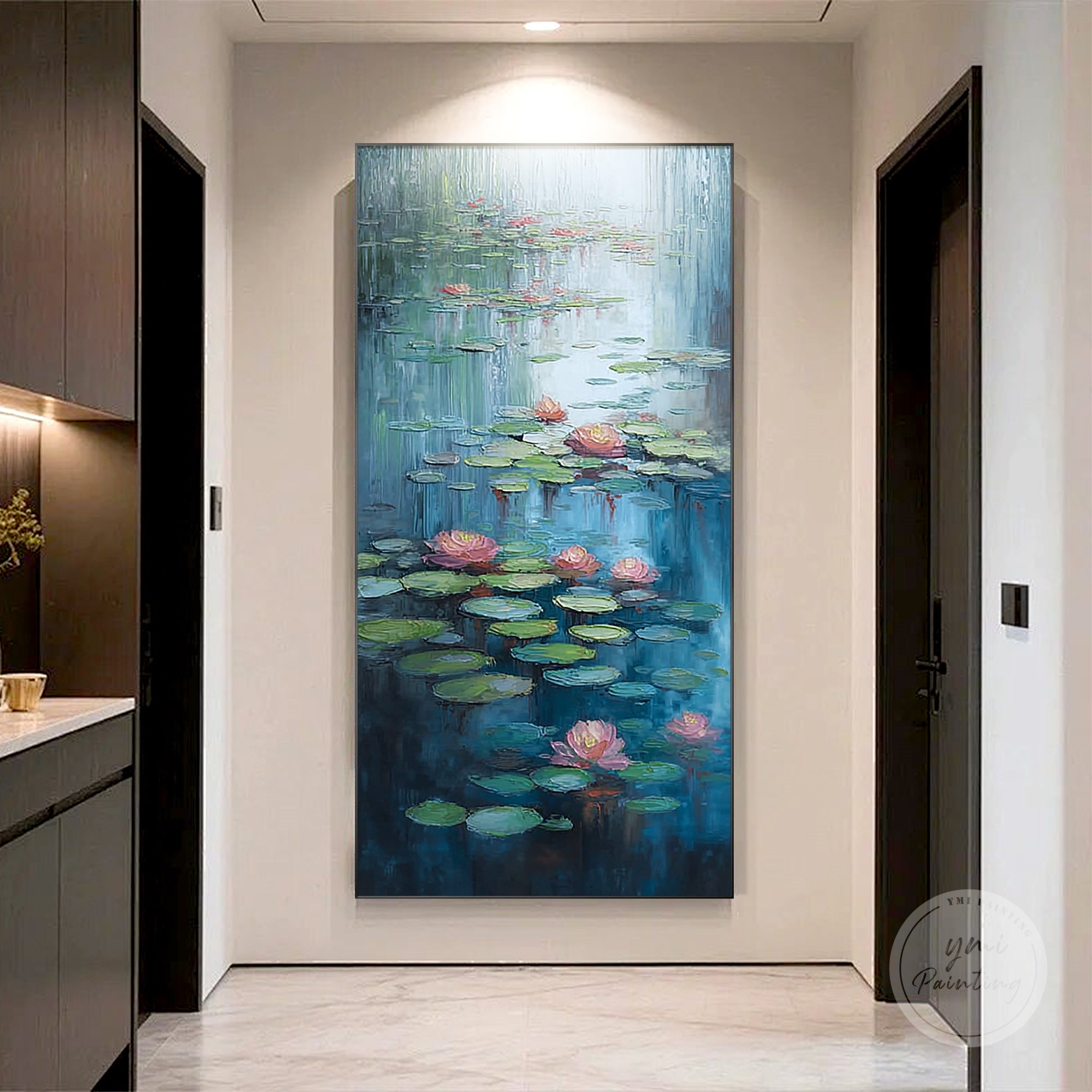 Impressionist-style lotus flower painting, featuring lush blooms and gentle ripples in the water.