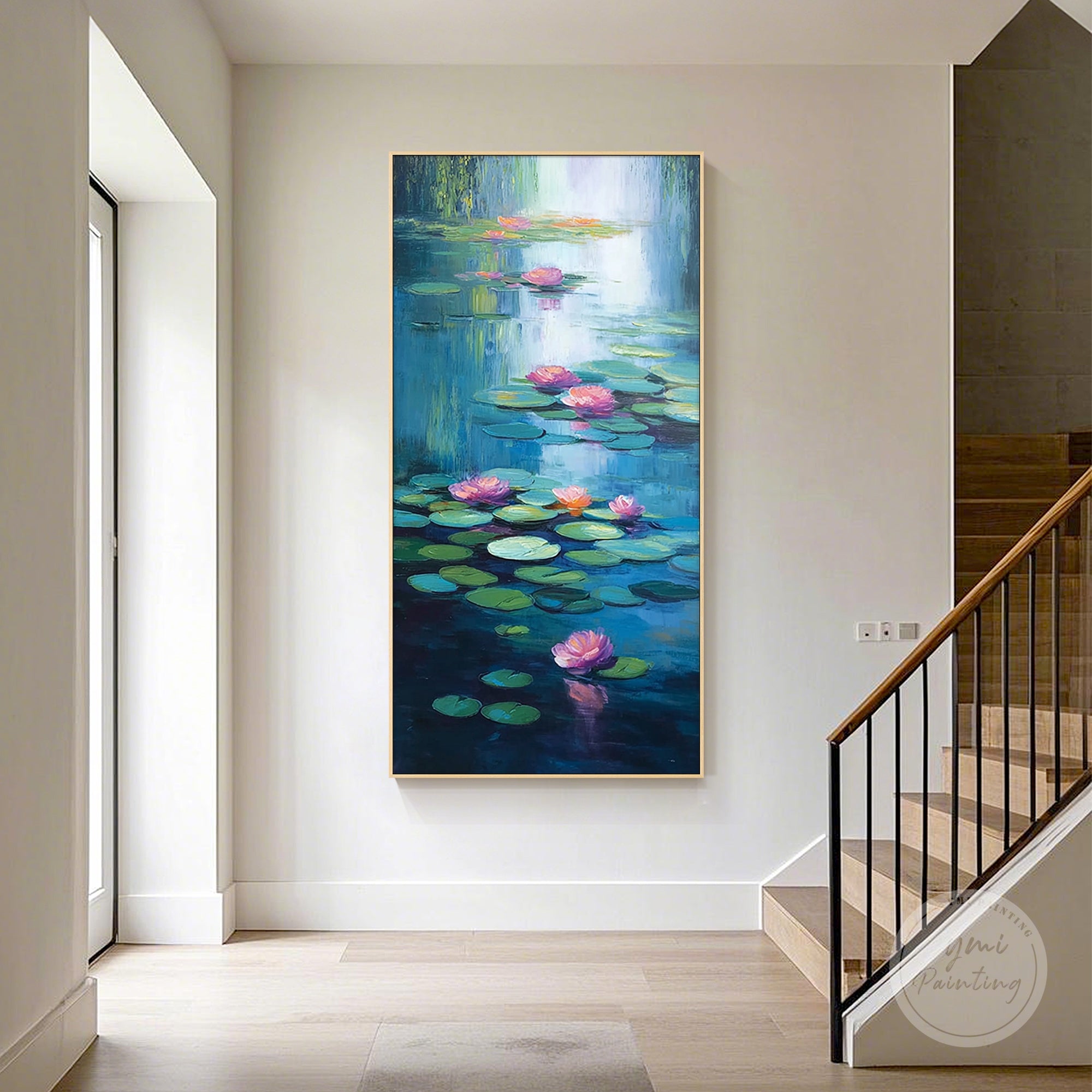 Impressionist-style Monet painting of lotus flowers and lily pads, full of natural beauty.