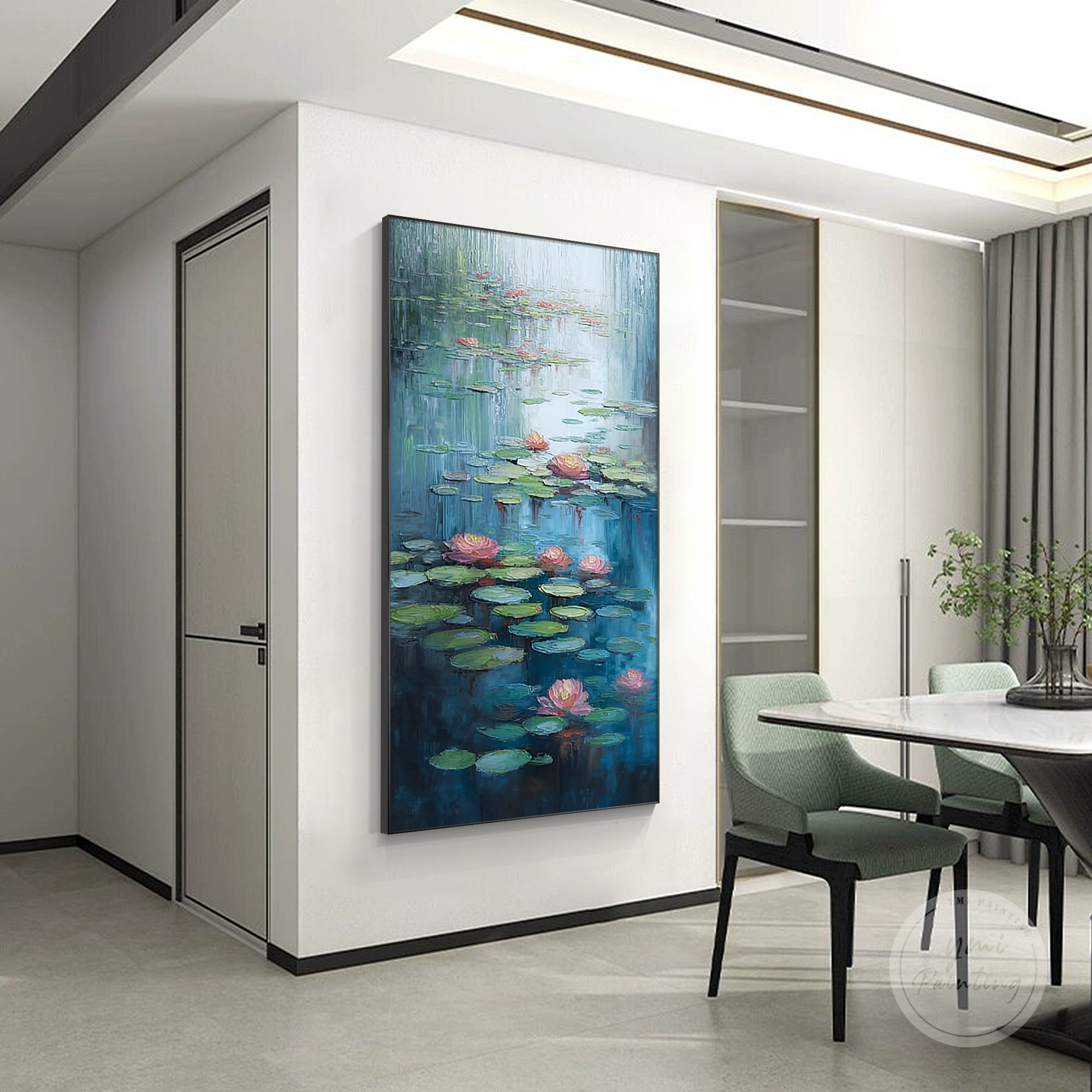 Vertical lotus pond painting with delicate brushstrokes and natural details, perfect for elegant home décor.