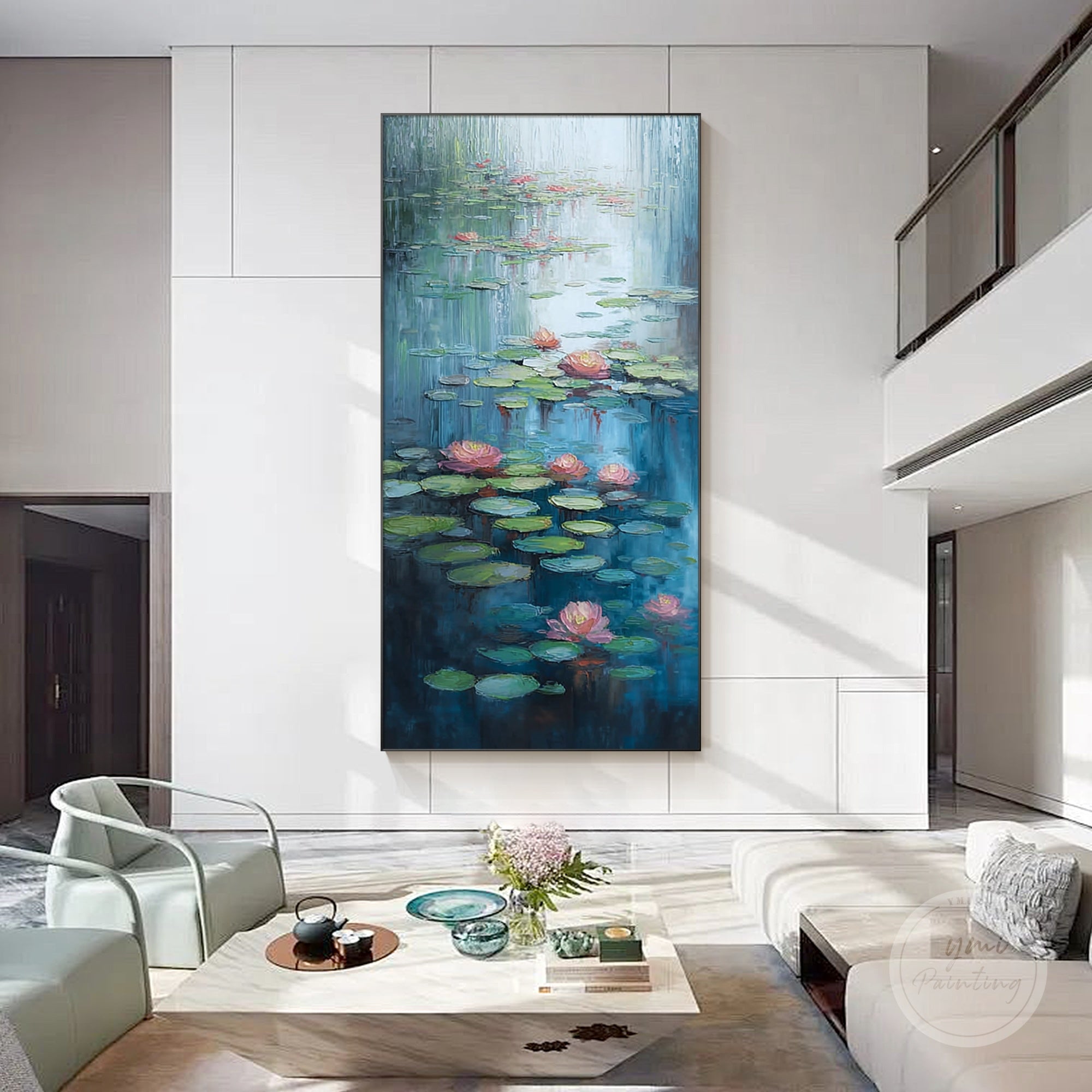 Hand-painted oil painting of lotus flowers and lily pads, capturing the serenity of a tranquil pond.