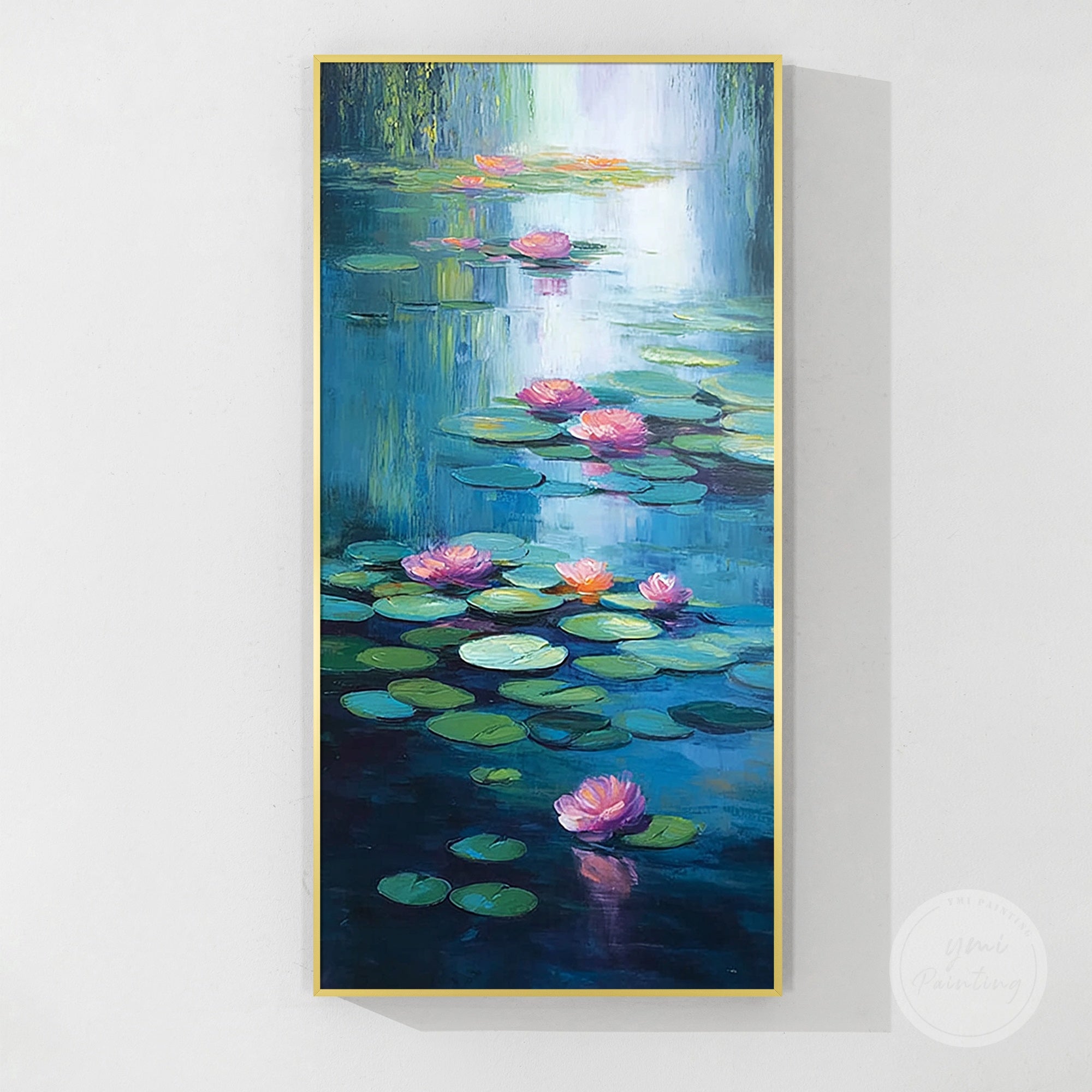 Hand-painted oil painting of lotus flowers floating on a peaceful pond, perfect for wall décor.