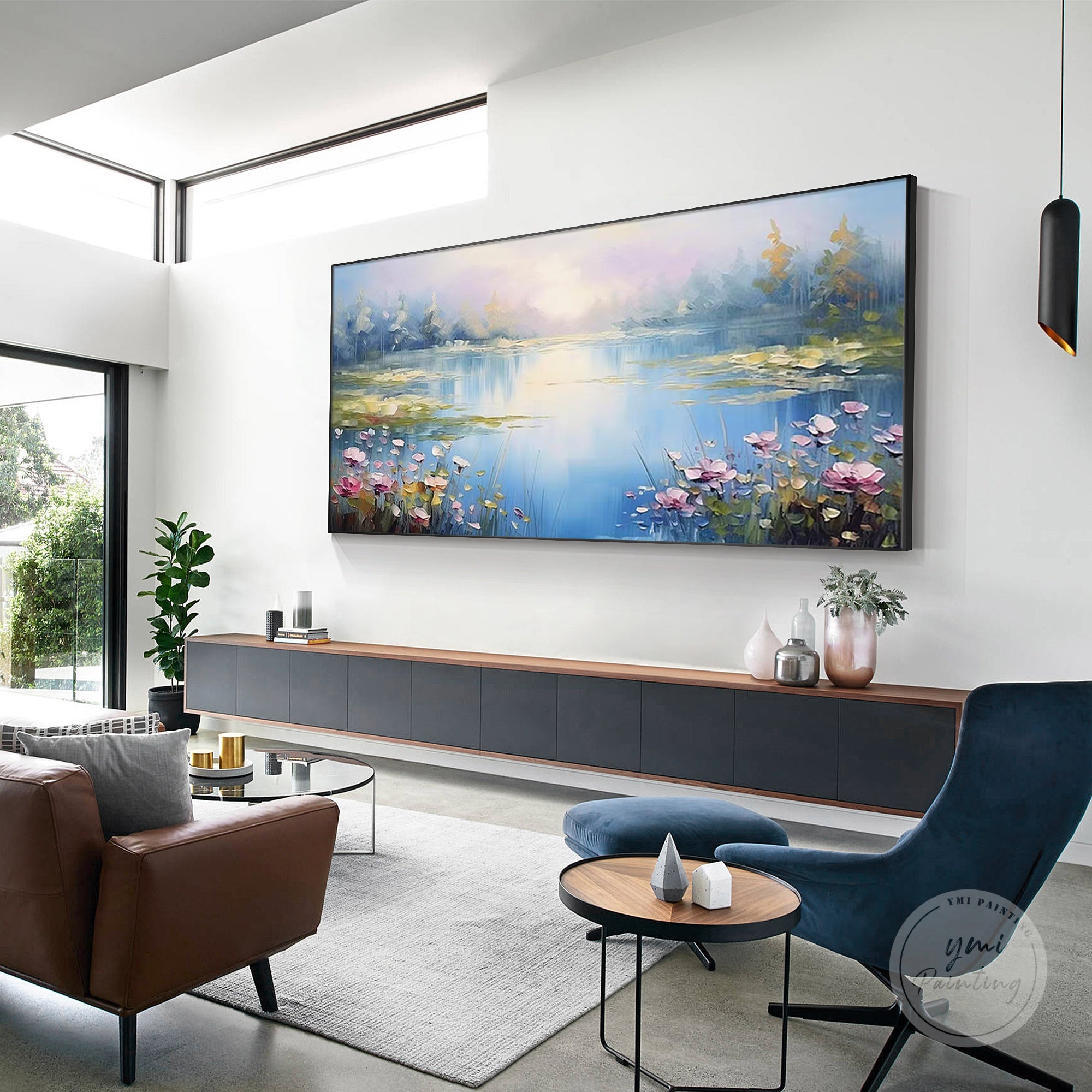 Monet style lake scene with serene blue water and flowers