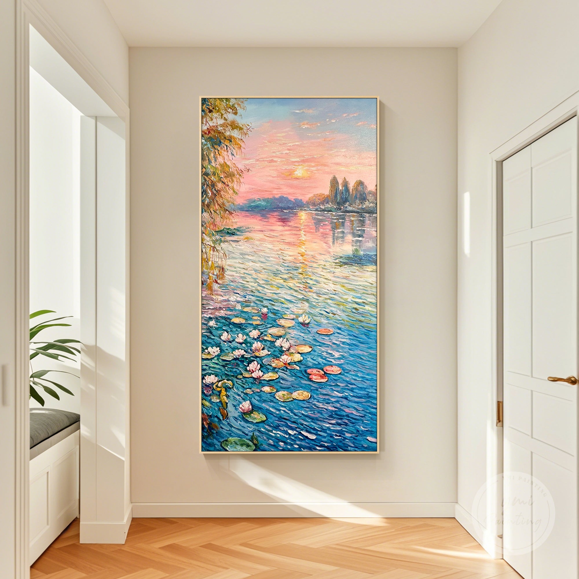 Hand-painted lotus flower artwork with vibrant pink and orange skies, perfect for living room décor.