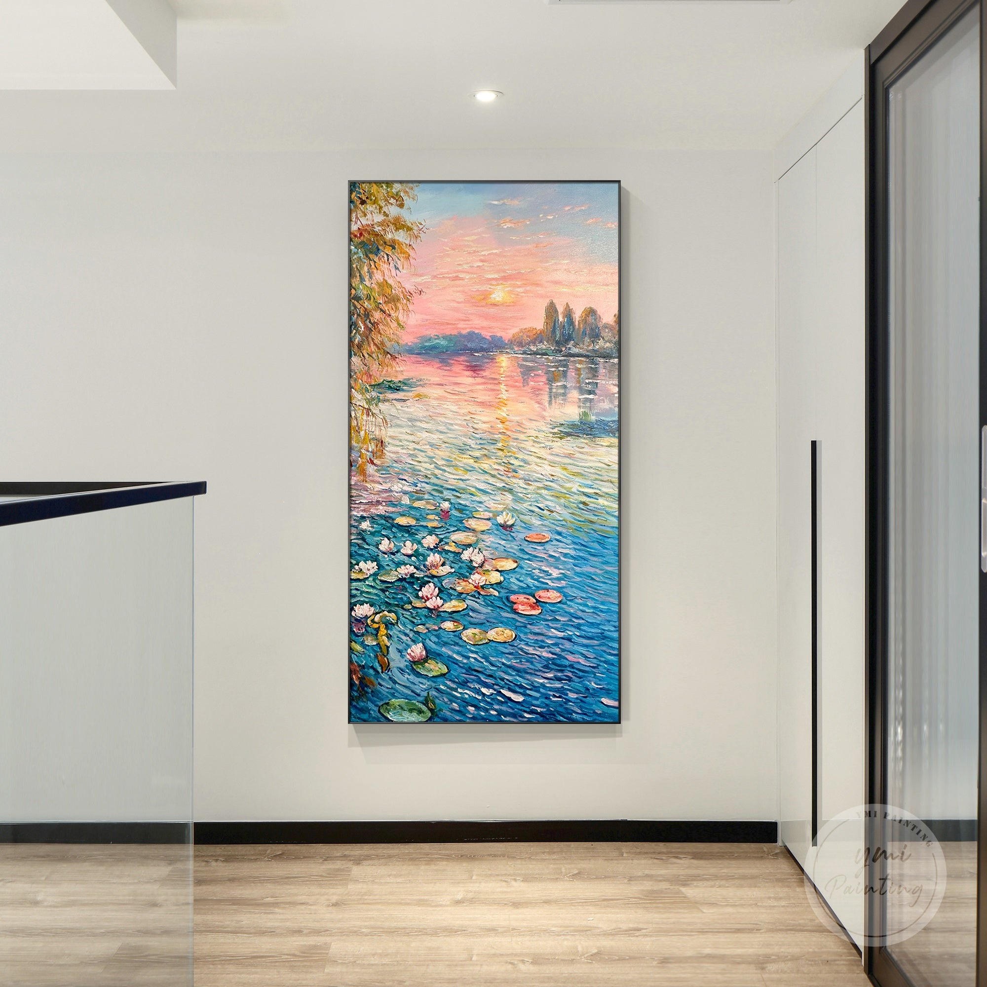 Oil painting of lotus flowers floating on a calm pond under a pink and orange sunrise sky.