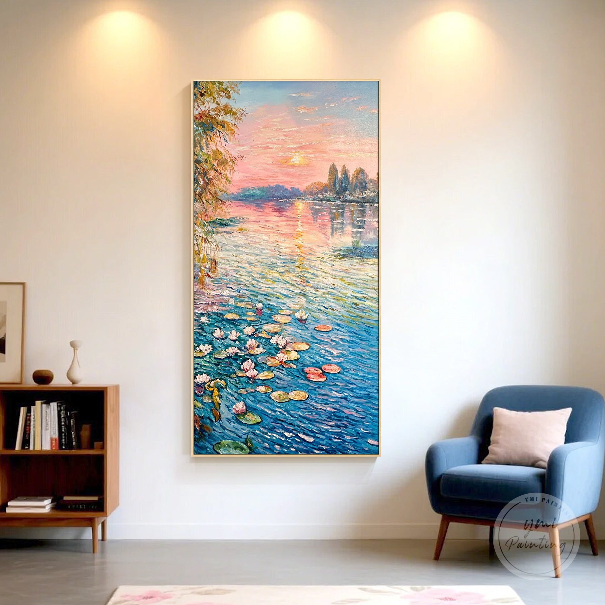 Original Monet-inspired lotus flower painting with soft pink and orange sunrise tones.