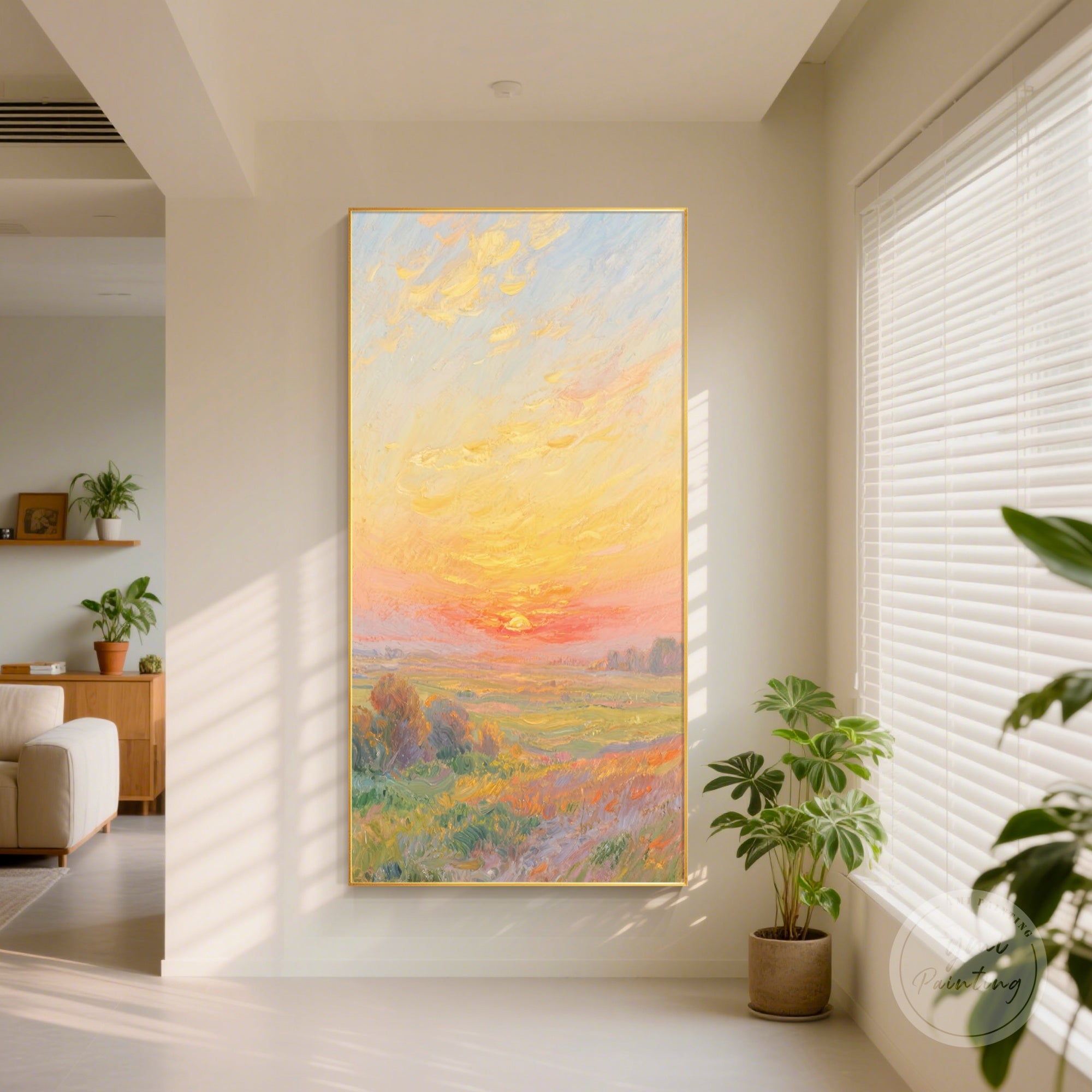 Handmade oil painting of a tranquil countryside at dusk with bold brushstrokes and soft, glowing sky.