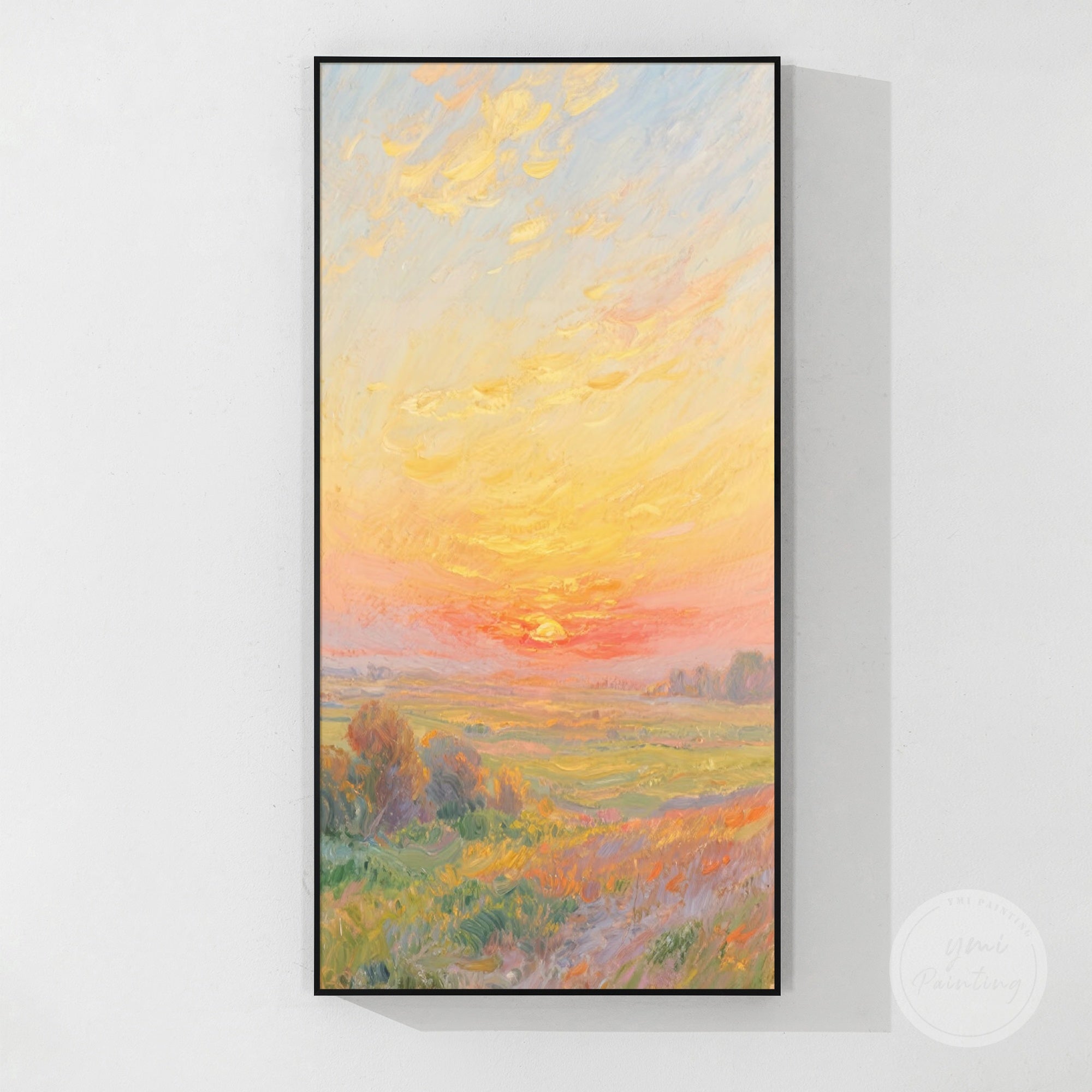 Tranquil oil painting of rolling fields at dusk, featuring a warm, golden sunset sky and peaceful tones.