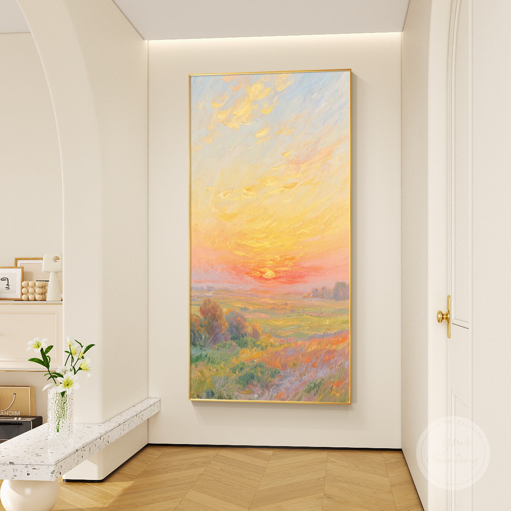 Tranquil dusk countryside oil painting with a bold sky and peaceful fields in soft, impressionist tones.