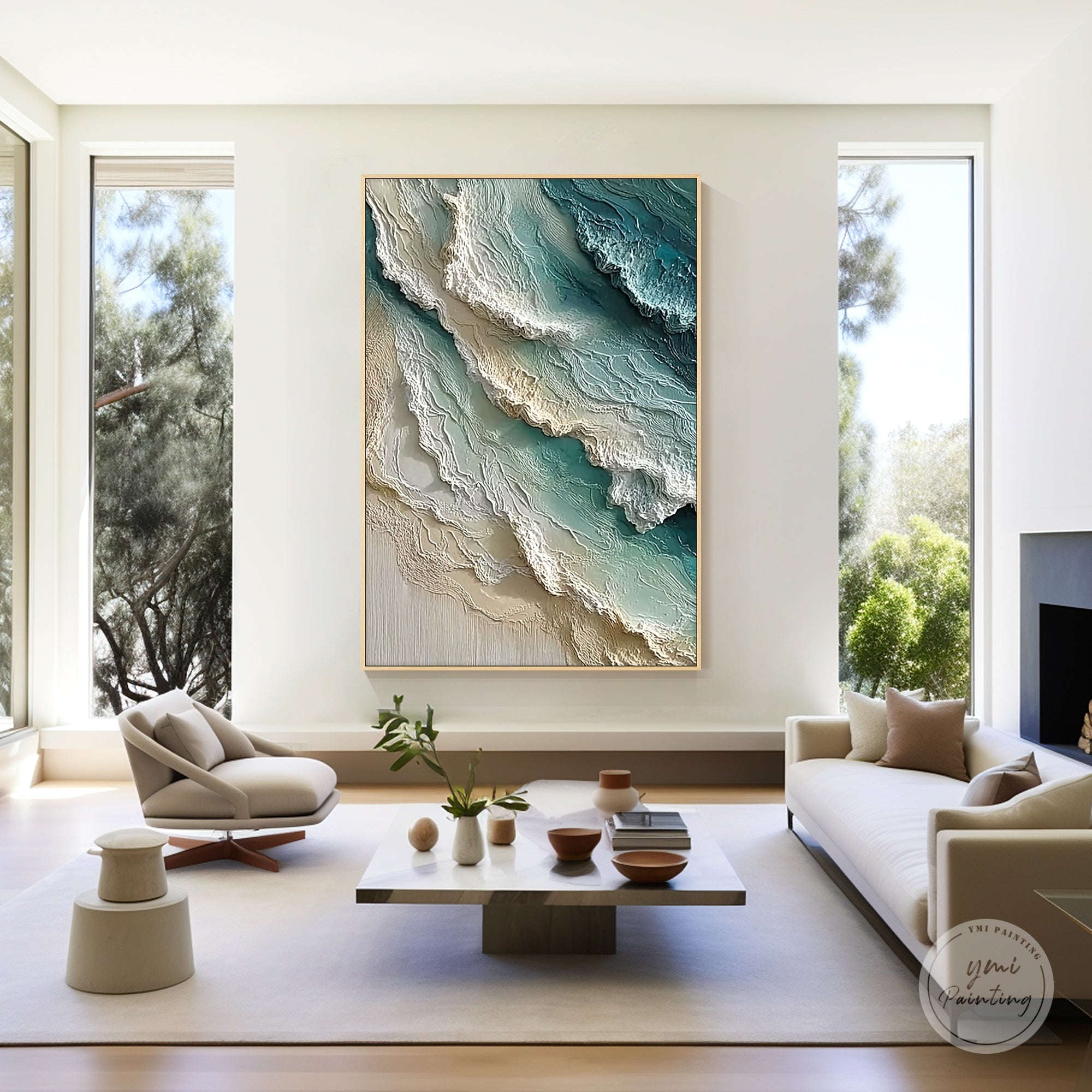 Coastal abstract wall painting in open-plan living room with natural light