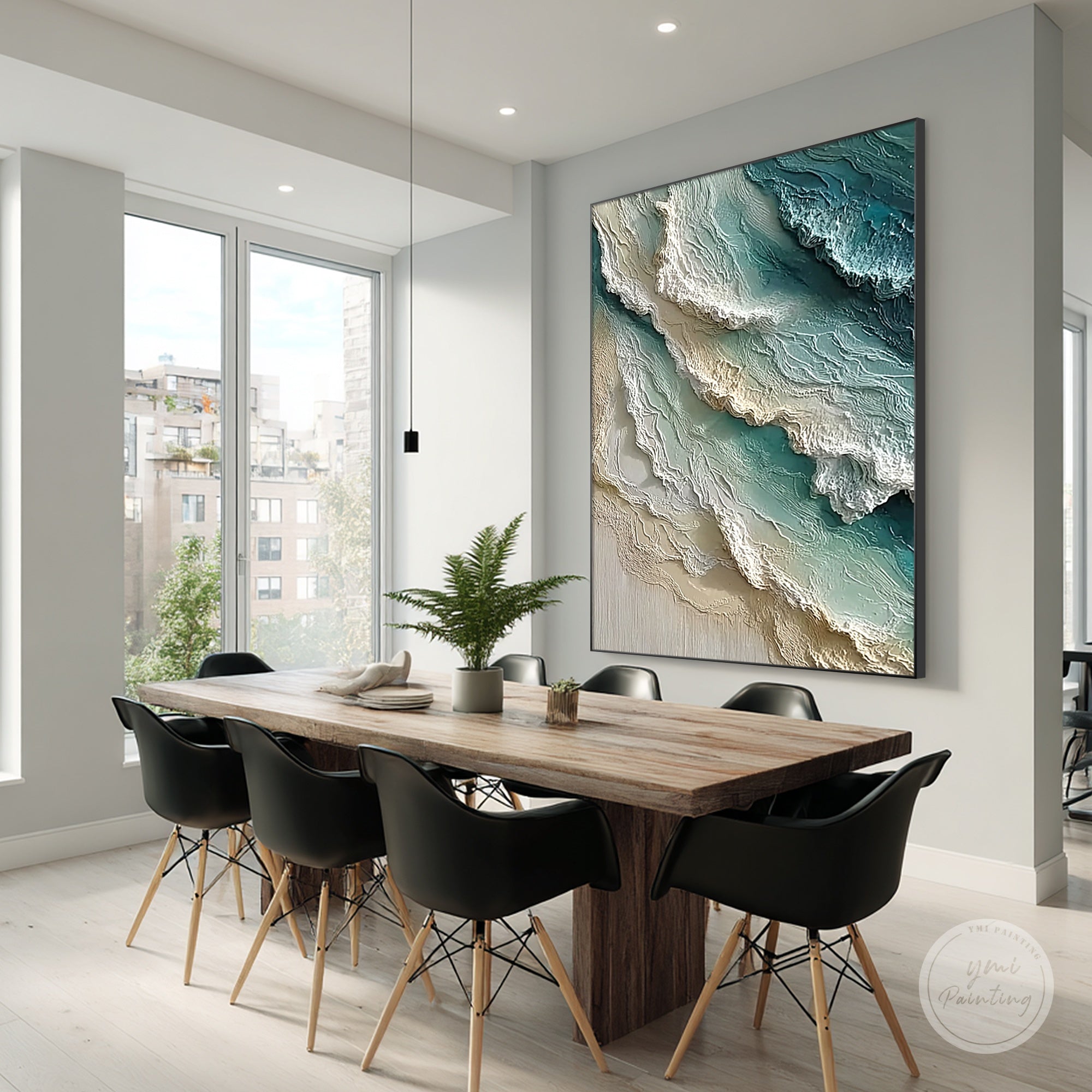 Large seascape canvas art above wooden dining table in modern dining room