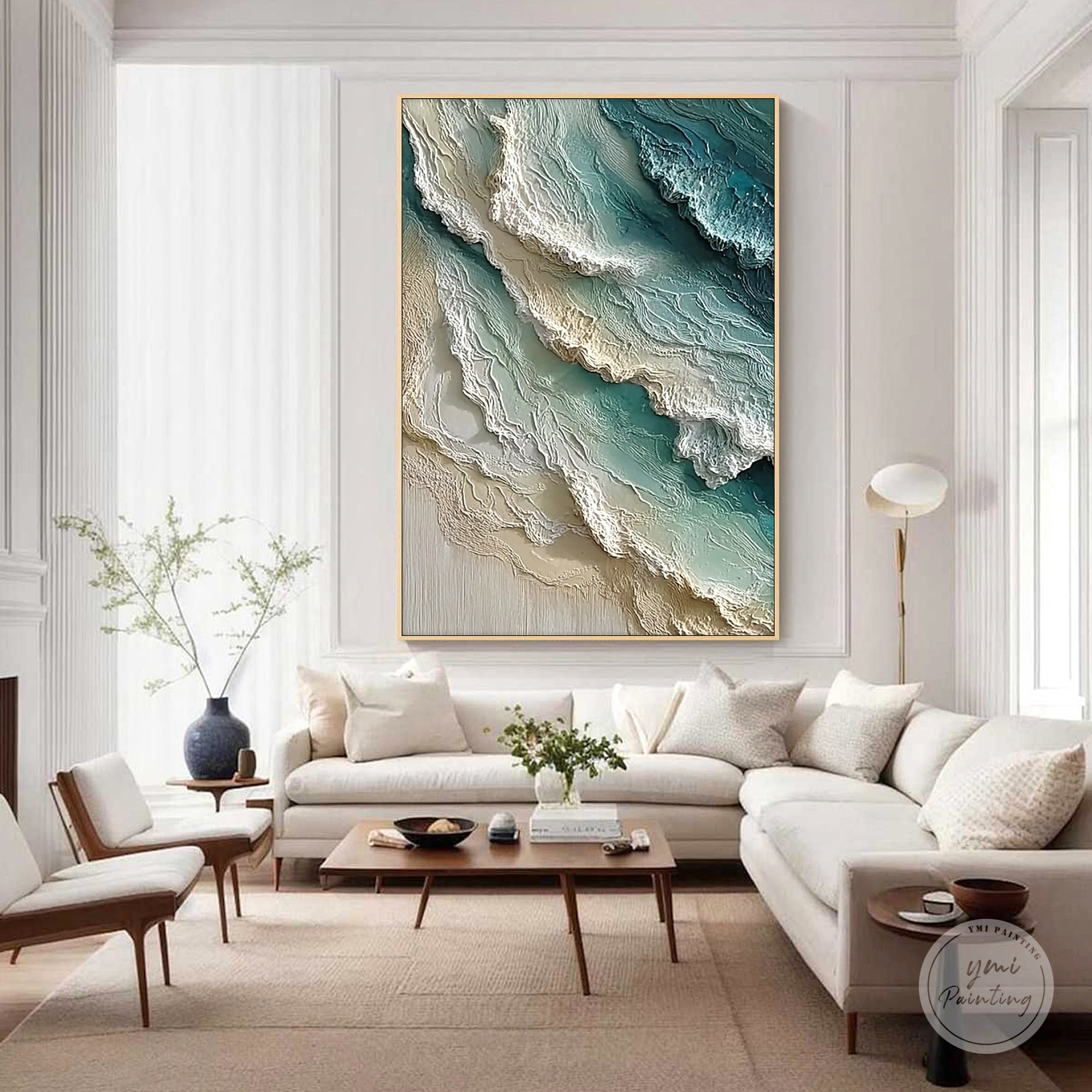 Turquoise ocean wave artwork in bright coastal-style livingroom interior design