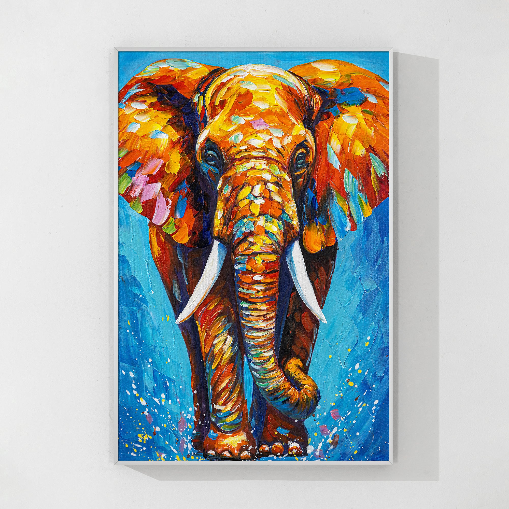 Abstract elephant wall hanging in vibrant colors and bold brushstrokes