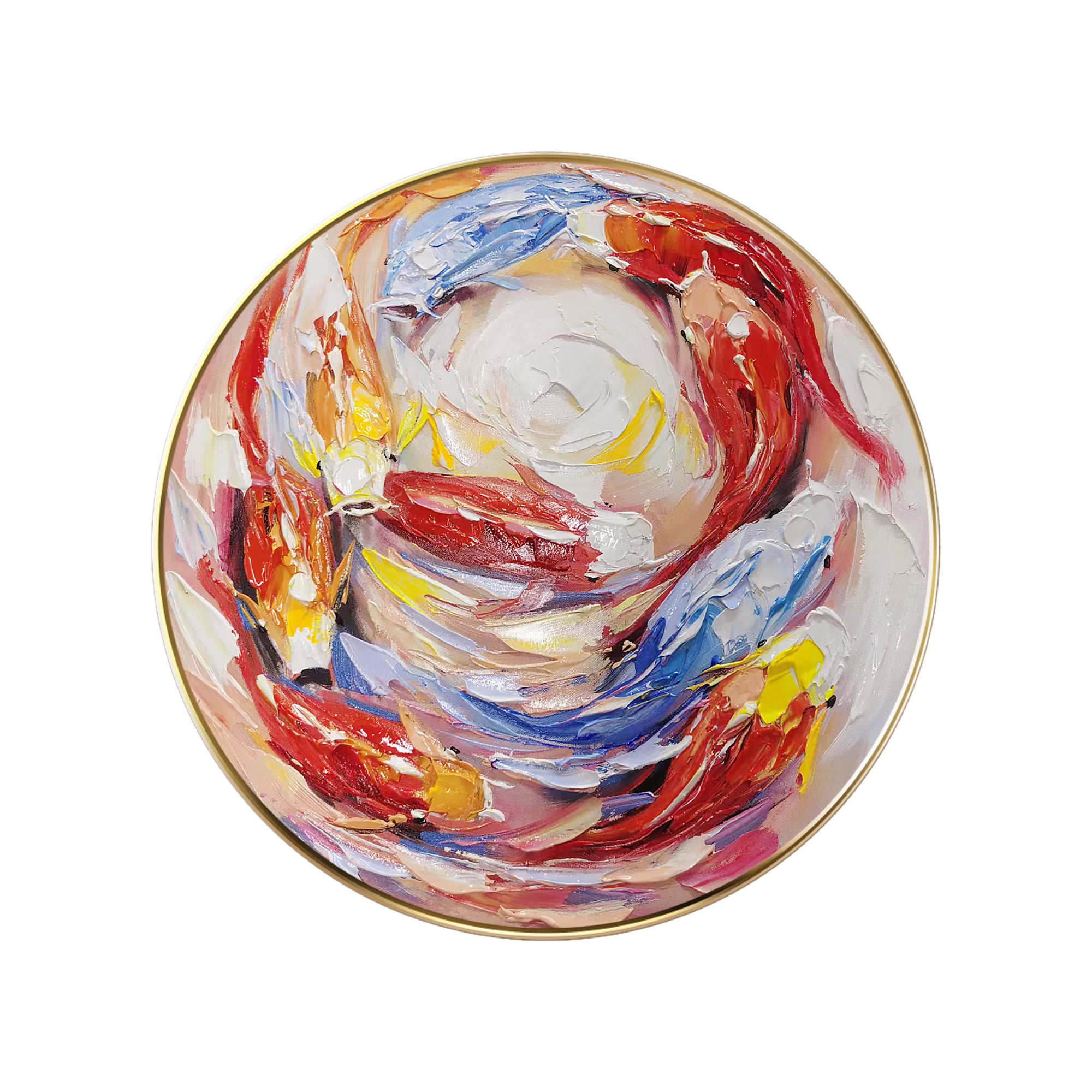 Red and Blue Koi Fish Round Painting with school of fish swimming in a circular formation, symbolizing harmony, vitality, and positive energy in a bold abstract design.