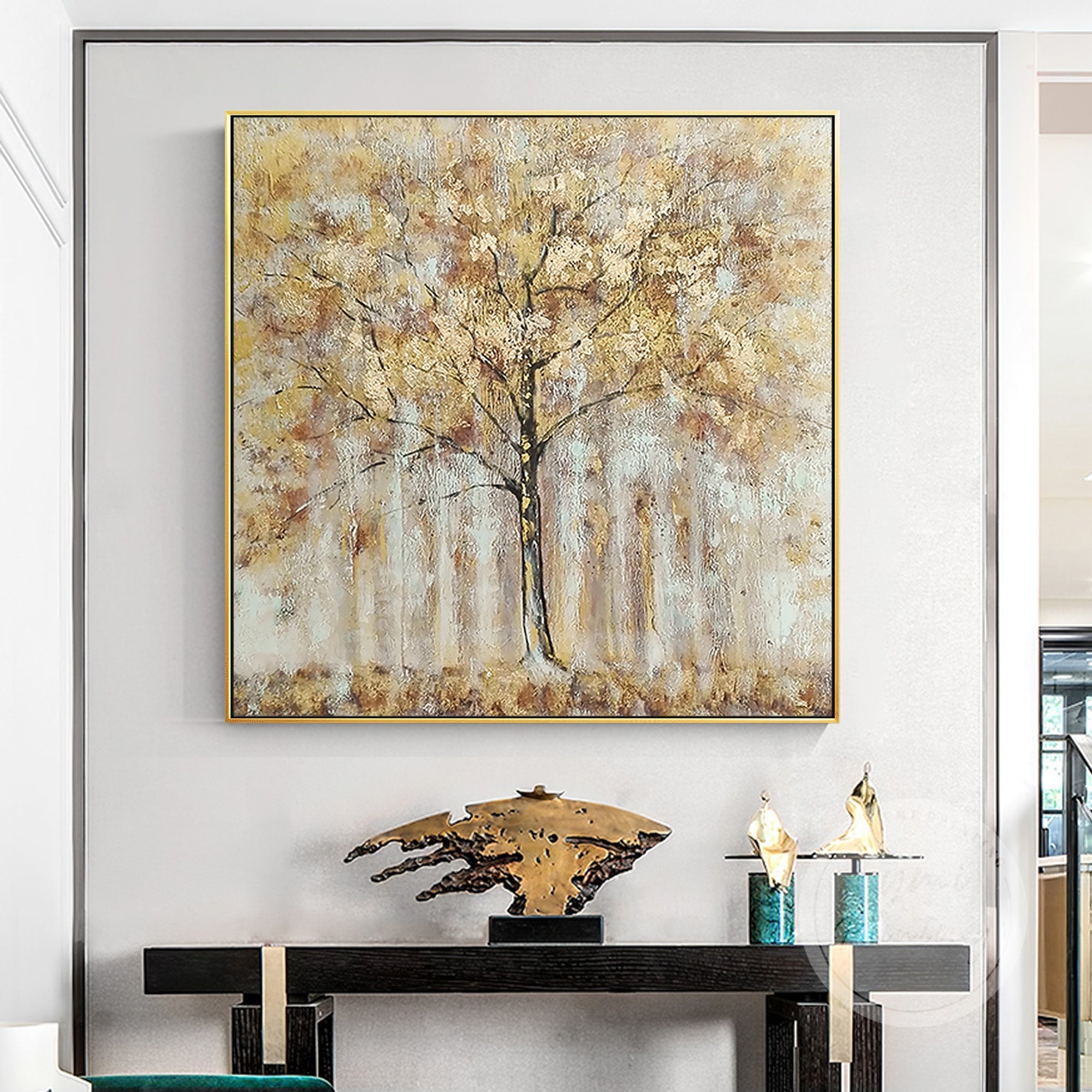 Oversized Acrylic Landscape Painting showcasing a majestic golden tree, creating a serene and sophisticated ambiance.