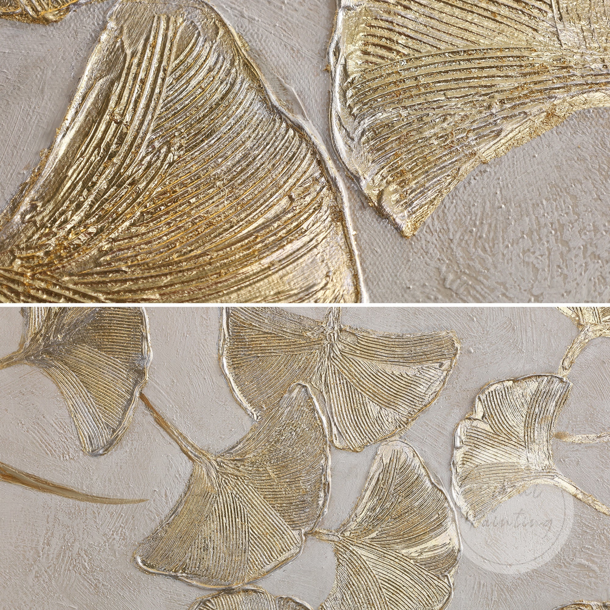 Extra-large framed oil painting on canvas featuring a Ginkgo Biloba leaf, with rich acrylic textures and gold leaf details.