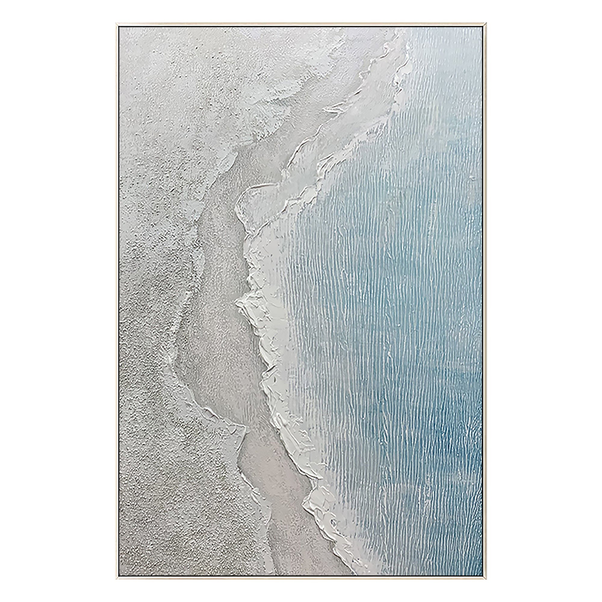 Coastal abstract beach painting with layered acrylic strokes and dynamic water movement