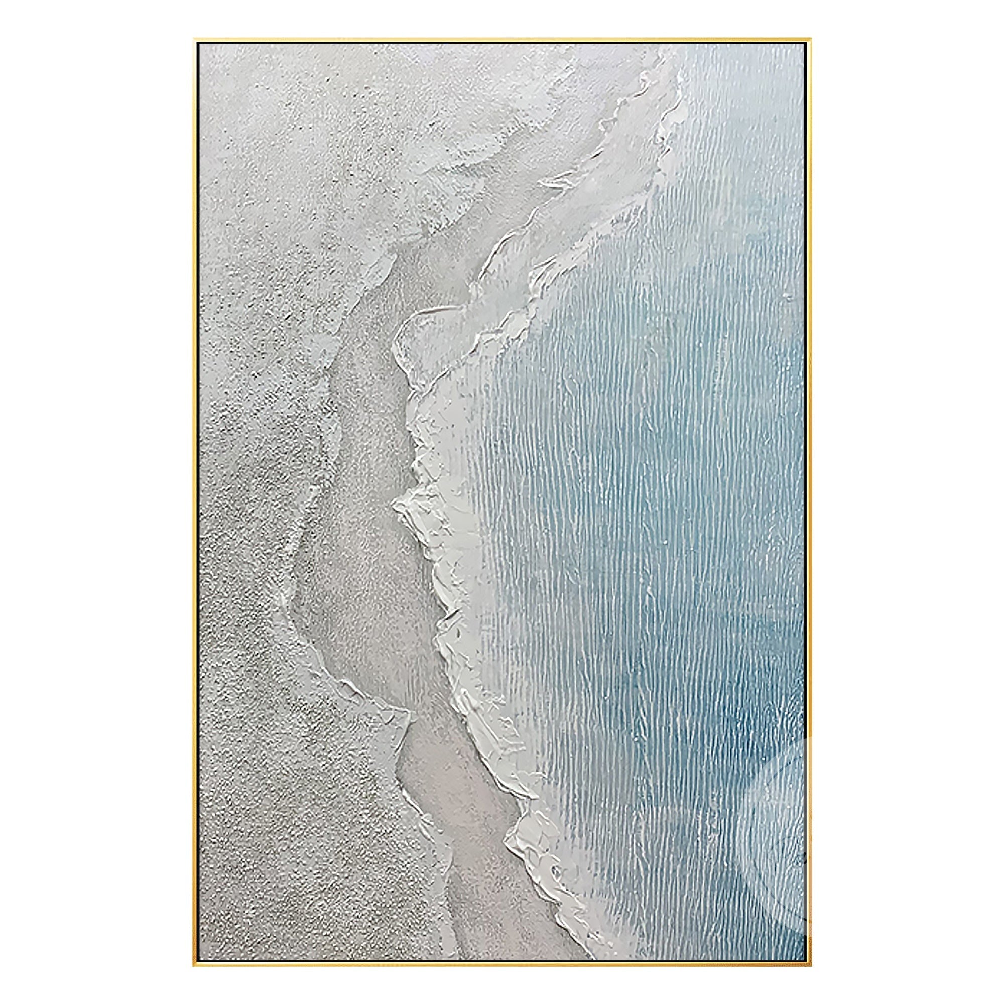 Minimalist seascape art featuring a blend of white, gray, and ocean blue tones.