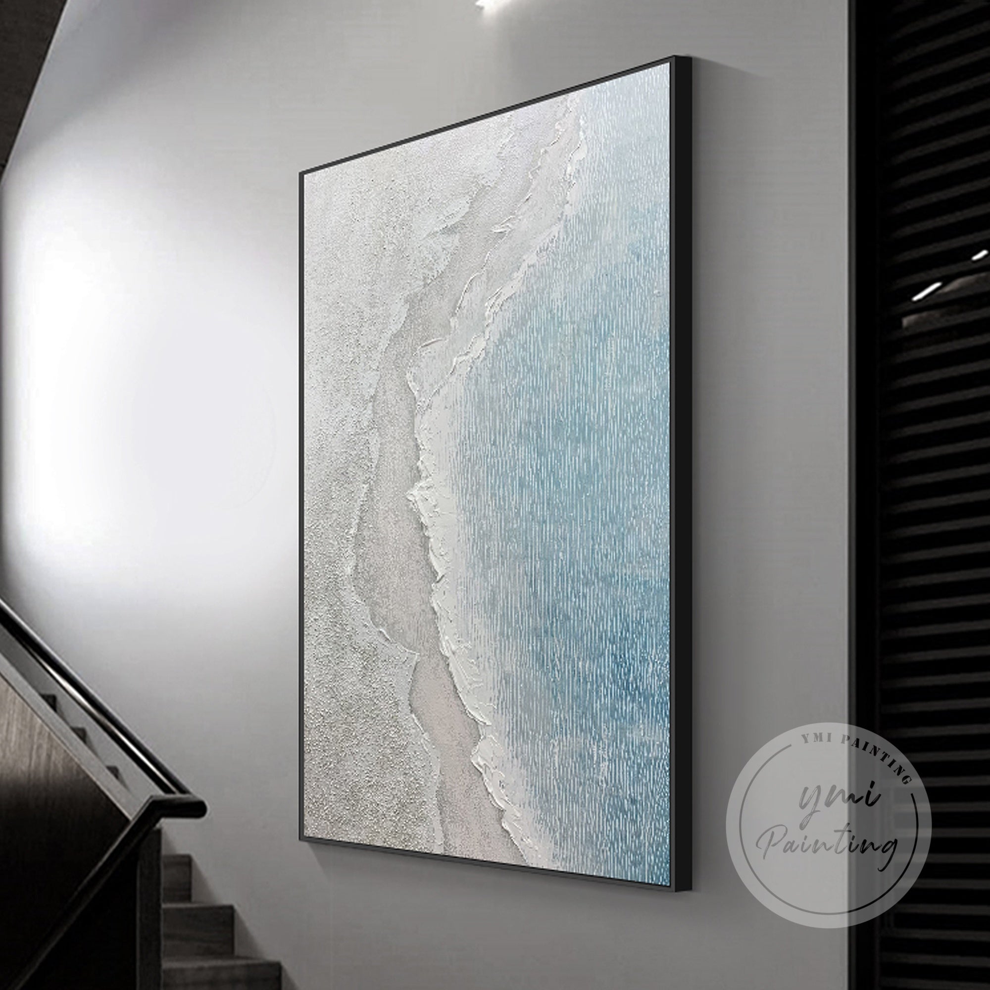 Light blue ocean painting with rich texture and modern coastal wall art aesthetics.