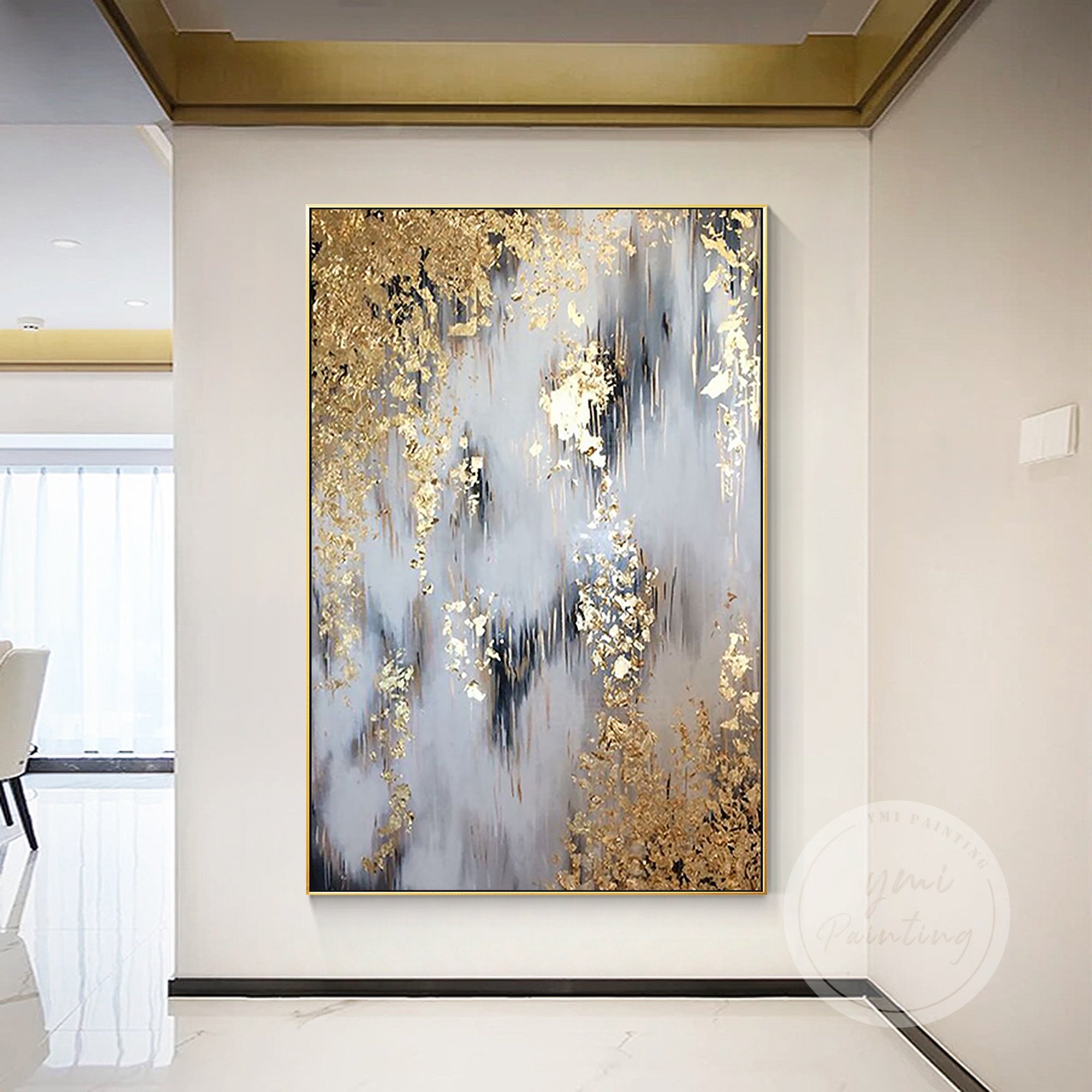 Hand-painted gold abstract art with dynamic patterns and shimmering details, perfect for aesthetic room decor.