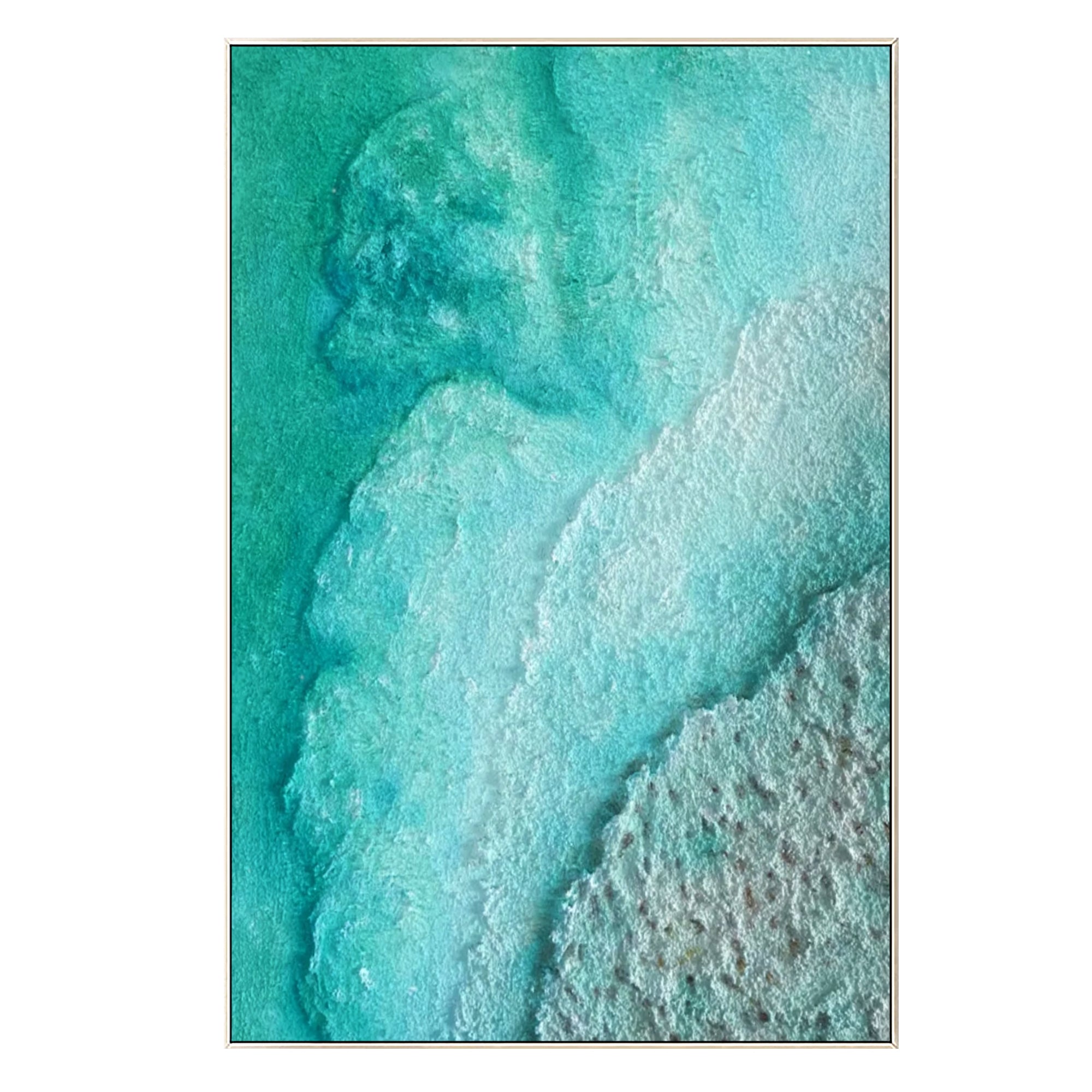 3D textured oil painting of beach waves in turquoise green and teal hues, designed to bring balance and aesthetic beauty to any room.