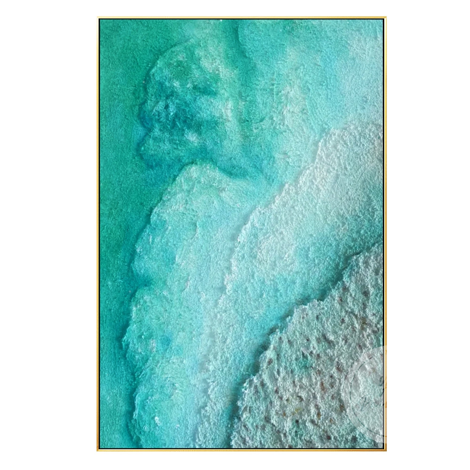 Large framed original oil painting with 3D textured sand, showcasing a turquoise green and teal beach abstract design that adds serenity to any space.