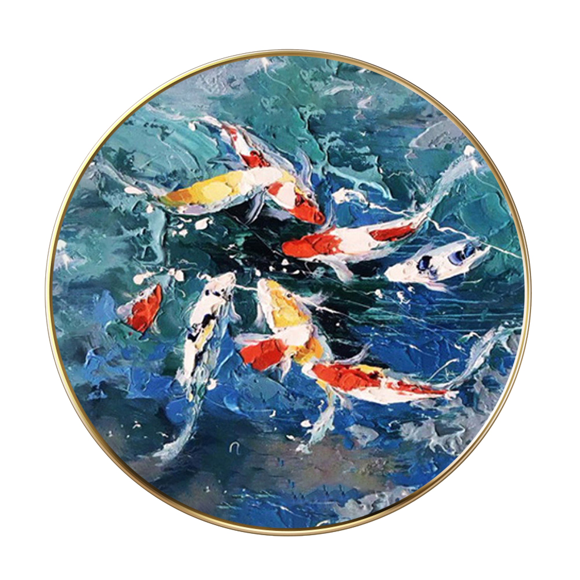 Navy Blue Feng Shui 9 Koi Round Painting with red and yellow koi fish, symbolizing prosperity, good fortune, and strength in a vibrant, abstract design.