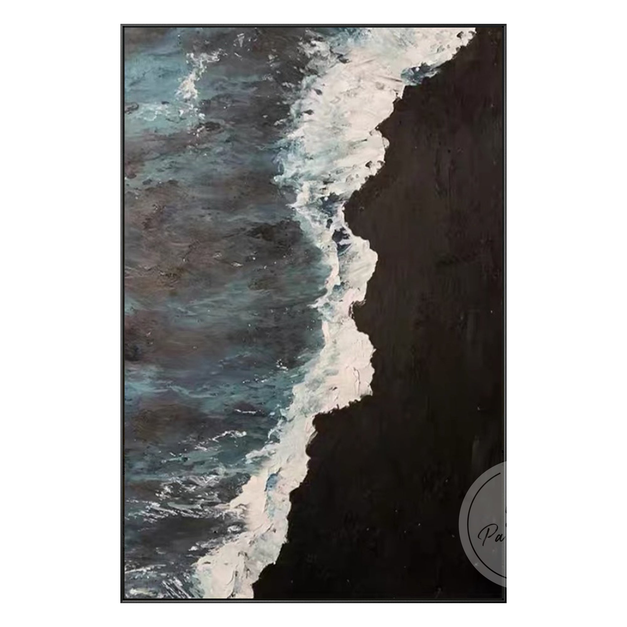 Dark-themed beach painting with expressive waves, adding depth and energy to any space