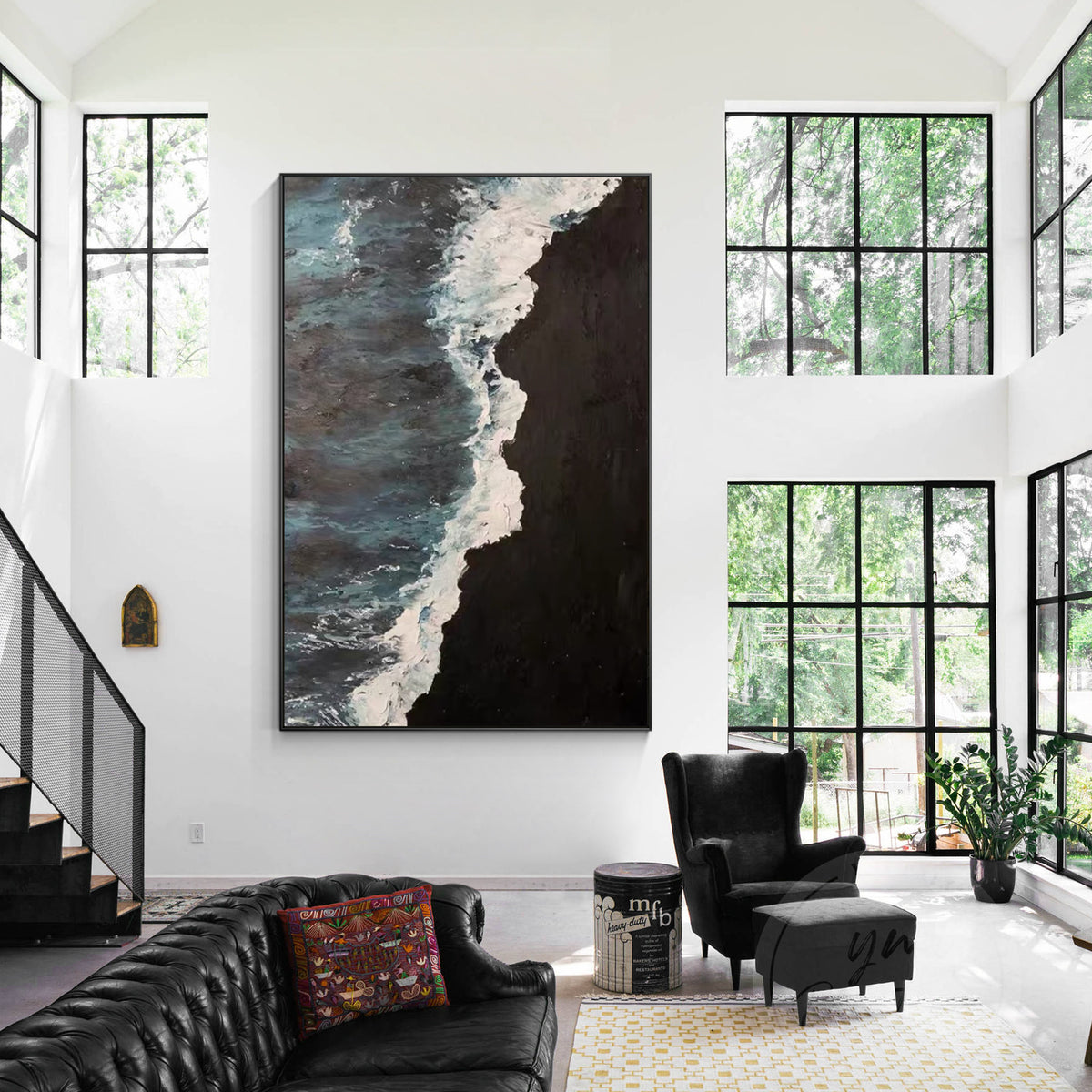 Coastal-inspired contemporary wall art with black beach elements and heavy acrylic strokes.