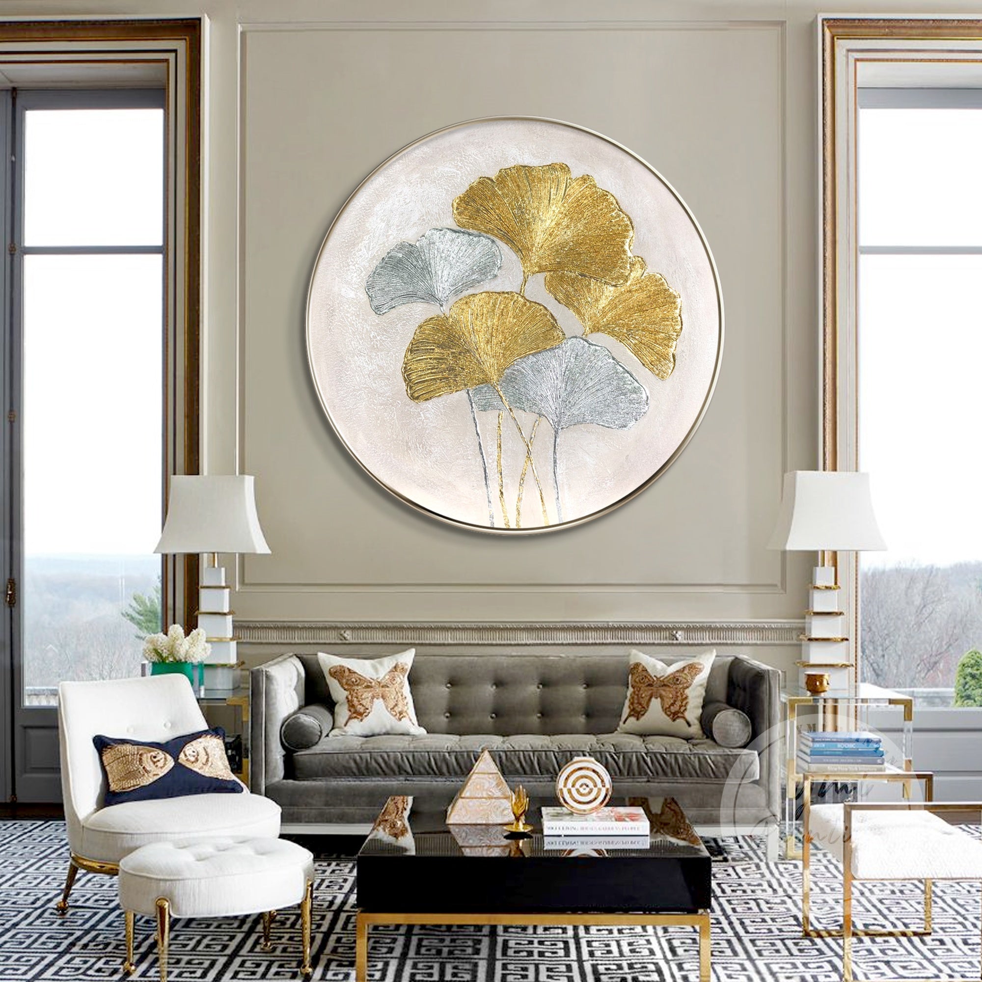 Modern ginkgo leaf painting with shimmering gold and silver tones, adding elegance and depth to any space.
