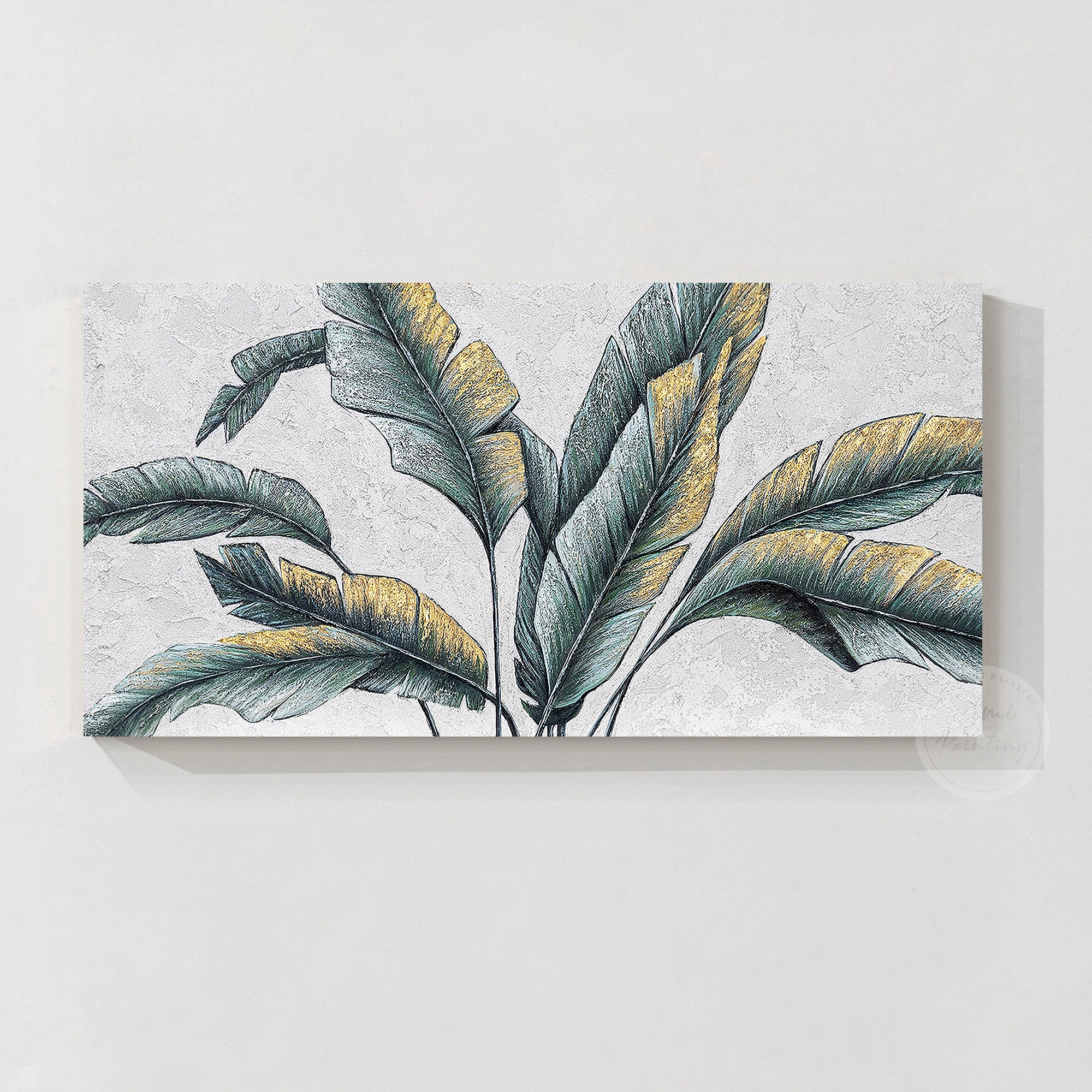 Original palm tree leaf painting with botanical textured art, featuring green banana leaves and gold leaf accents for a luxurious feel.