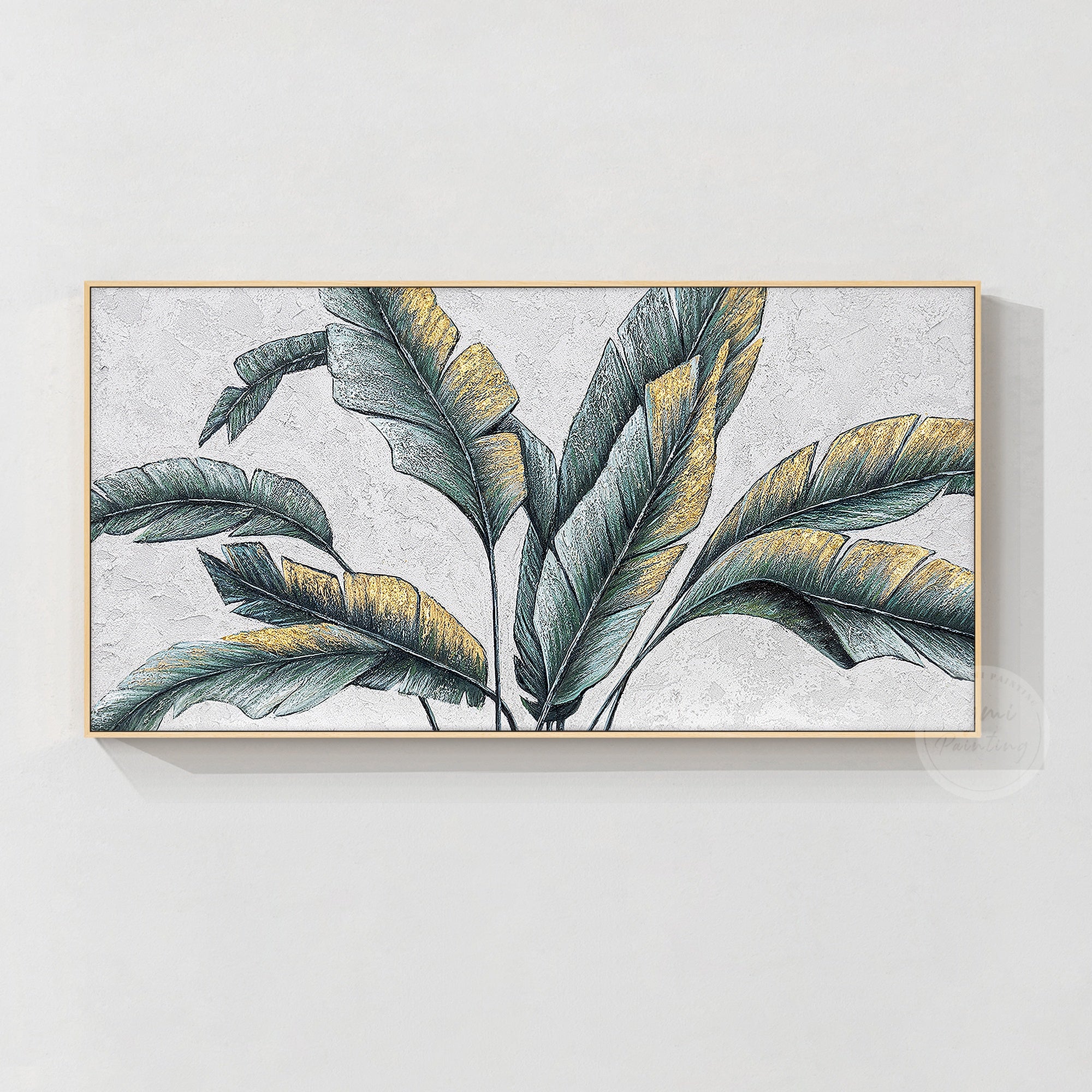 Original palm tree leaf painting with botanical textured art, featuring green banana leaves and gold leaf accents for a luxurious feel.