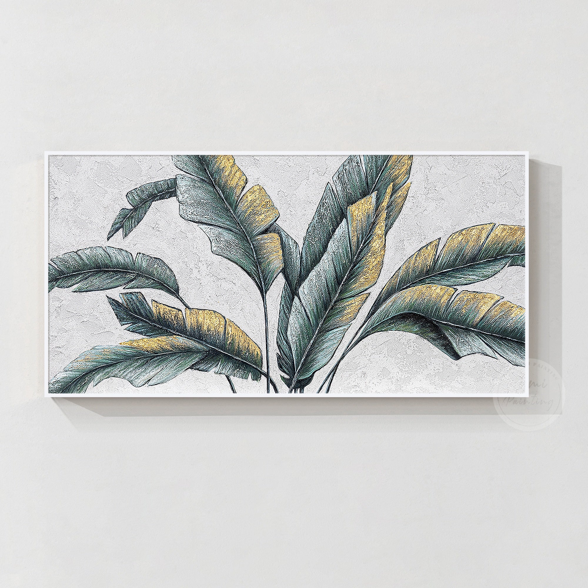 Original palm tree leaf painting with botanical textured art, featuring green banana leaves and gold leaf accents for a luxurious feel.
