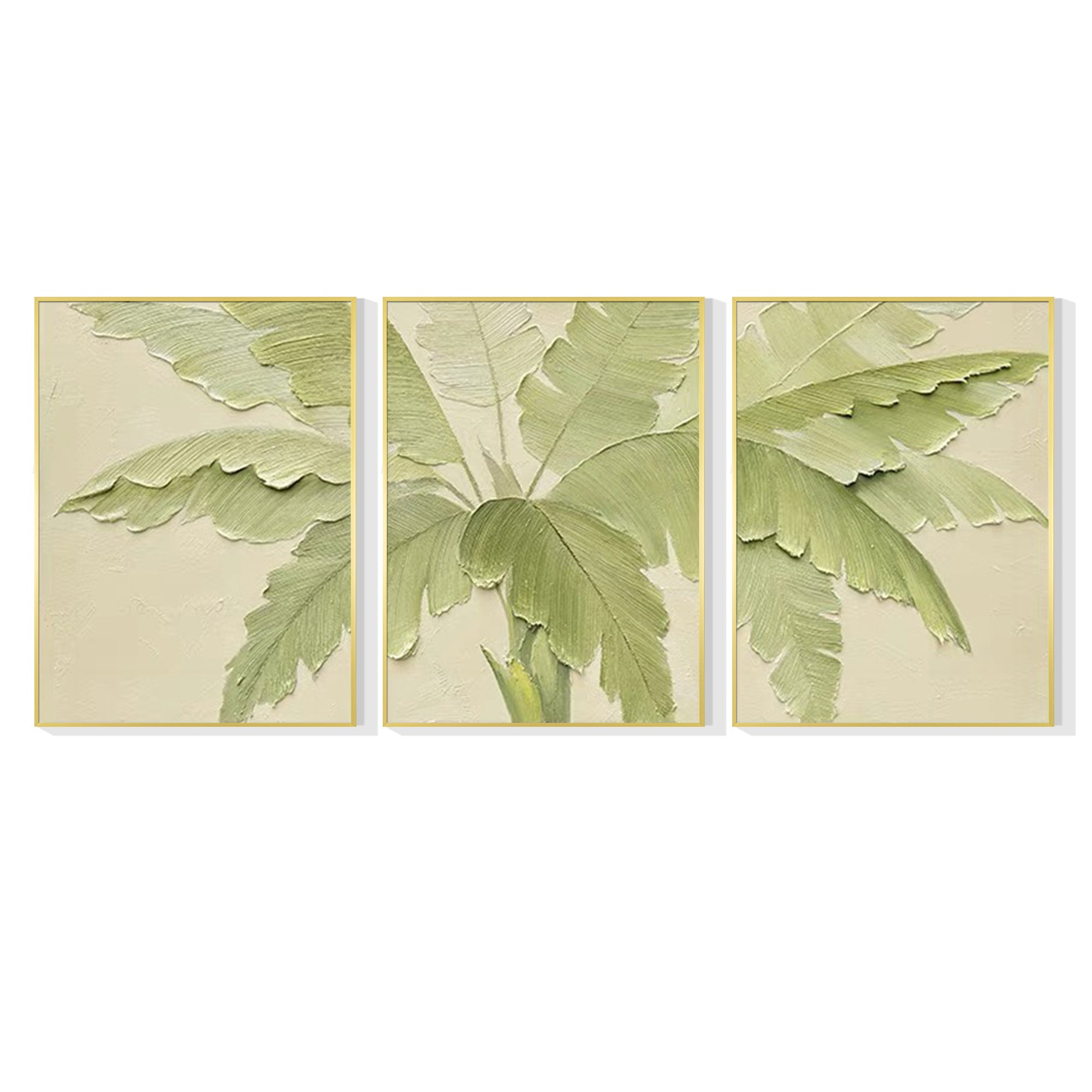 Textured tropical triptych leaf art, framed in neutral tones, a perfect gift for plant lovers or modern home owners.