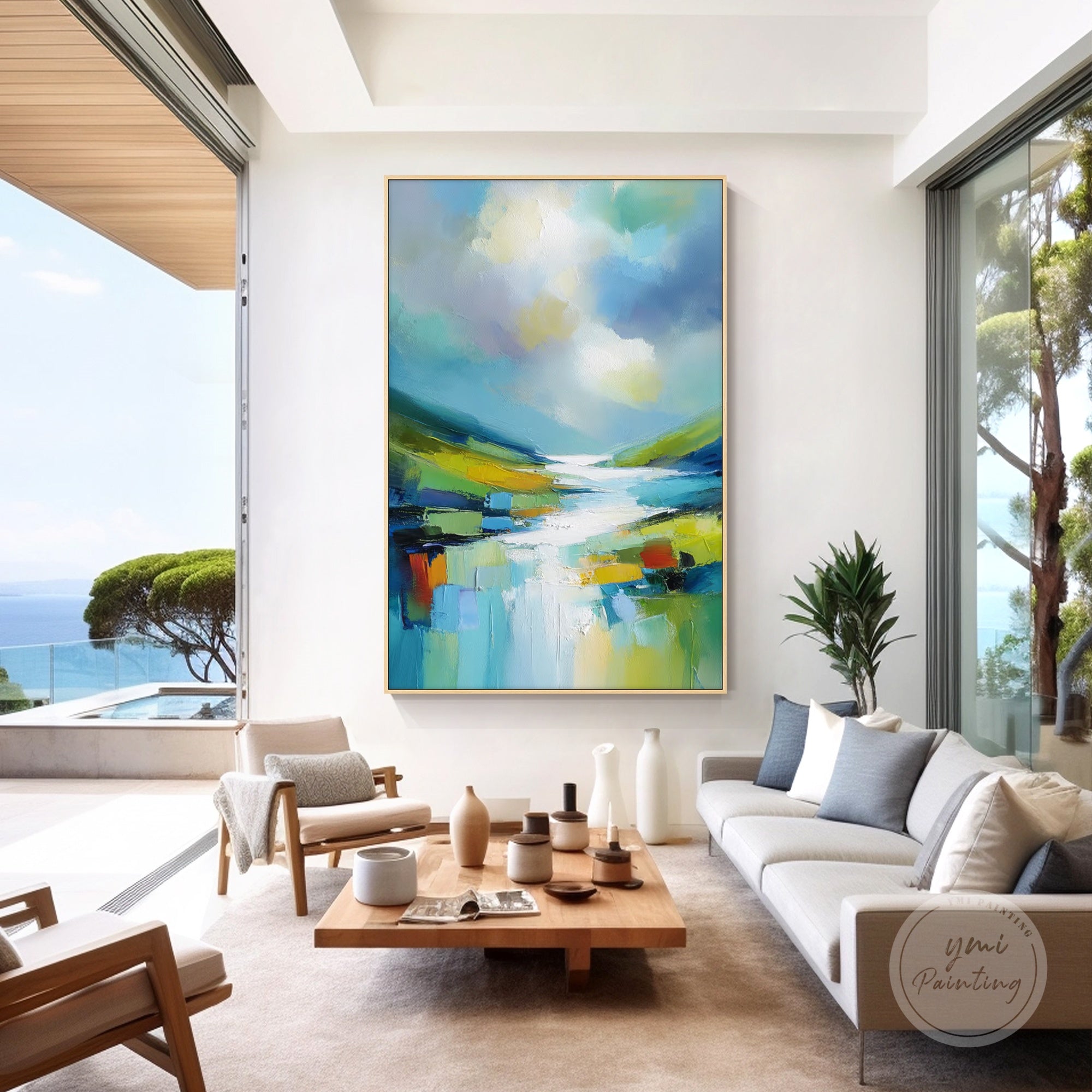 Large abstract landscape canvas with palette knife texture