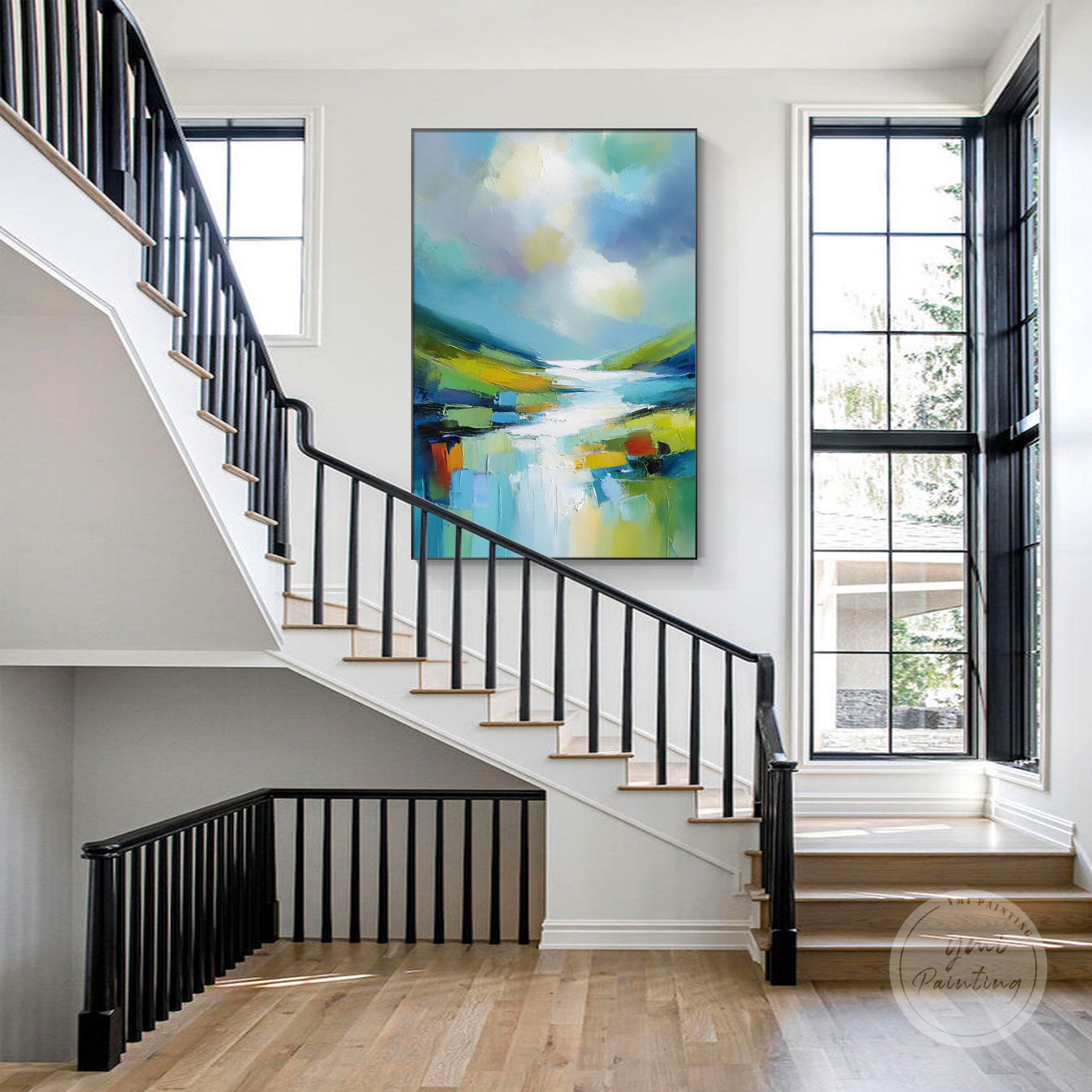 Large green and neutral landscape wall art