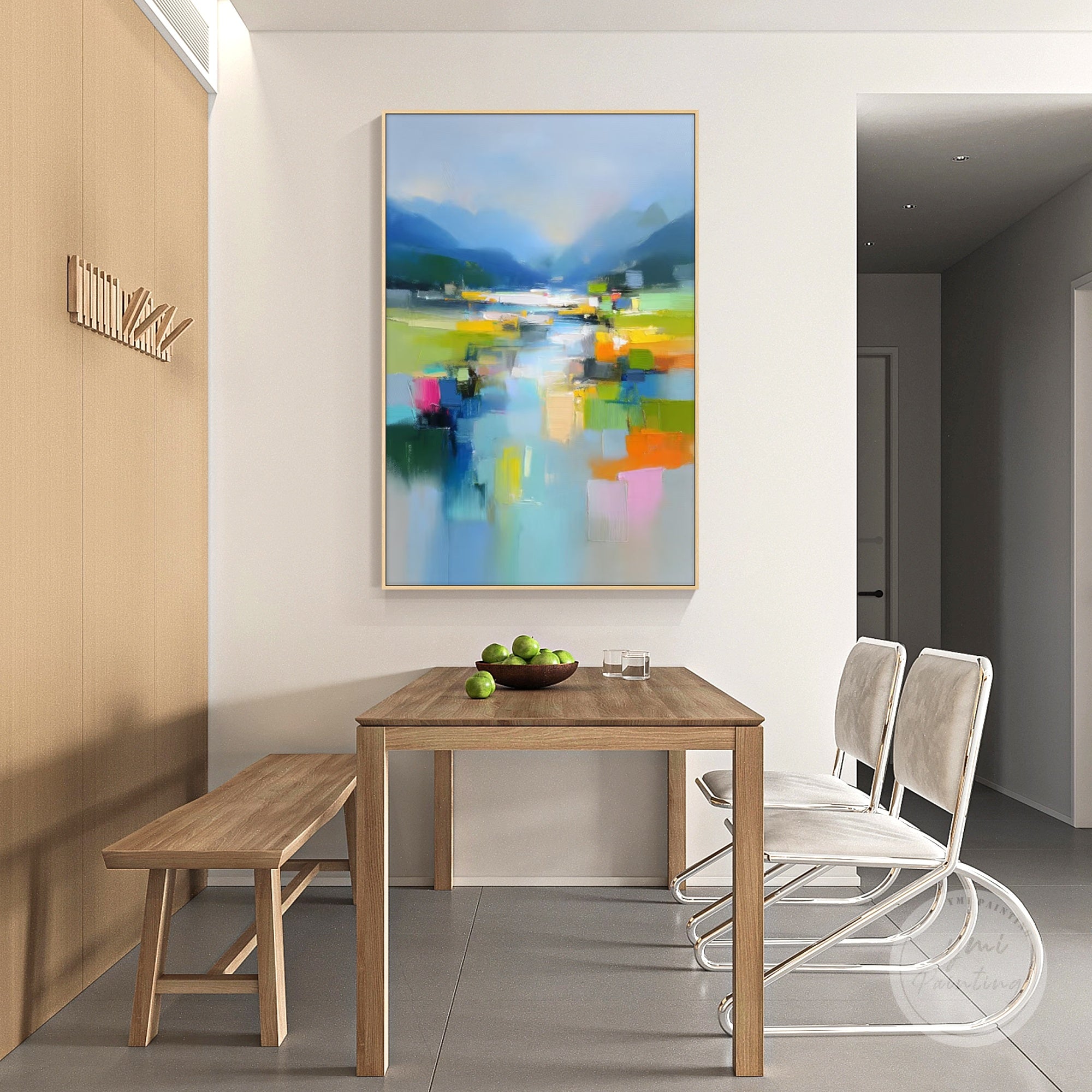 Contemporary abstract mountain artwork in green and blue tones